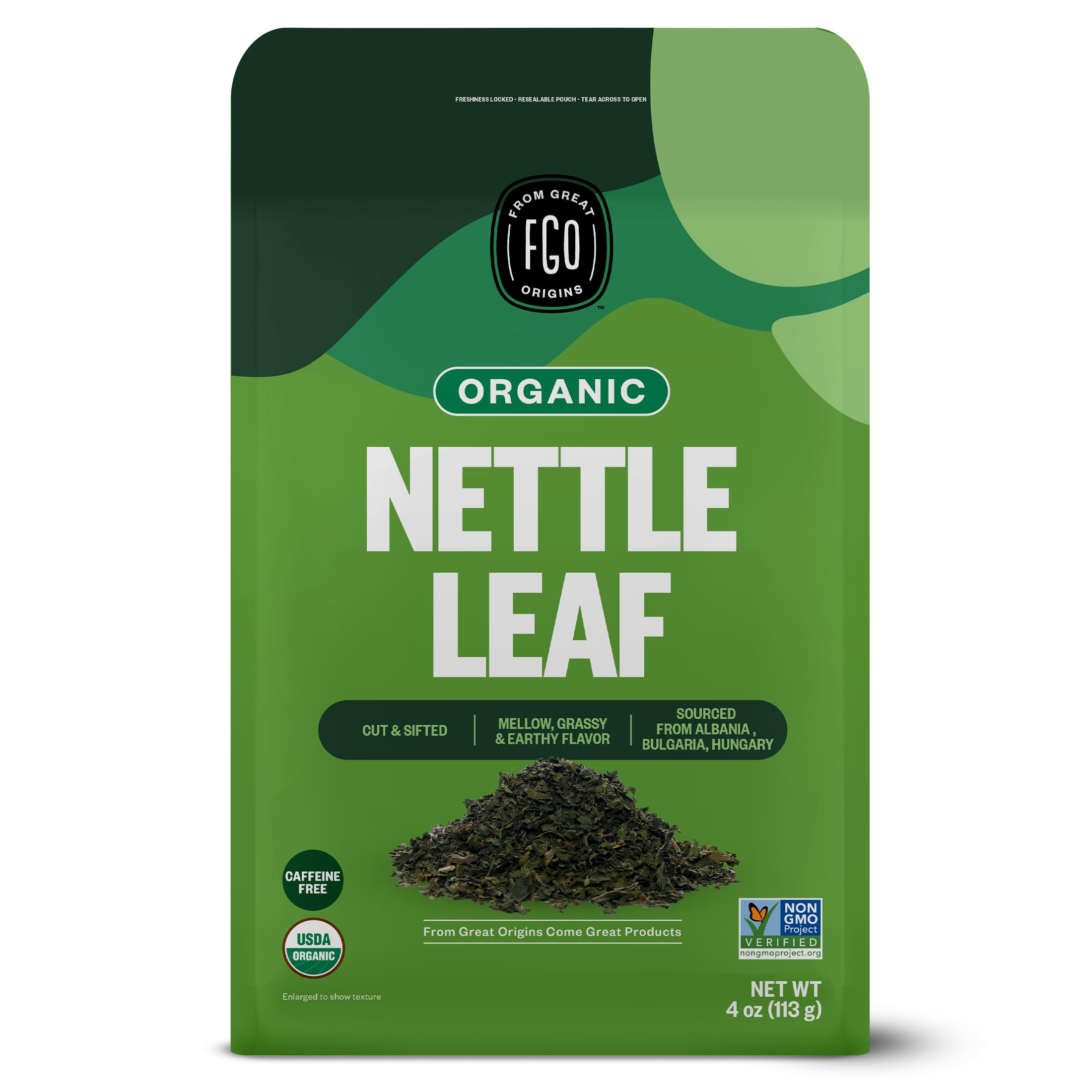 FGO Organic Nettle Leaf Loose Tea, Cut and Sifted, Caffeine Free, 4oz Resealable Bag, Packaging May Vary (Pack of 1)