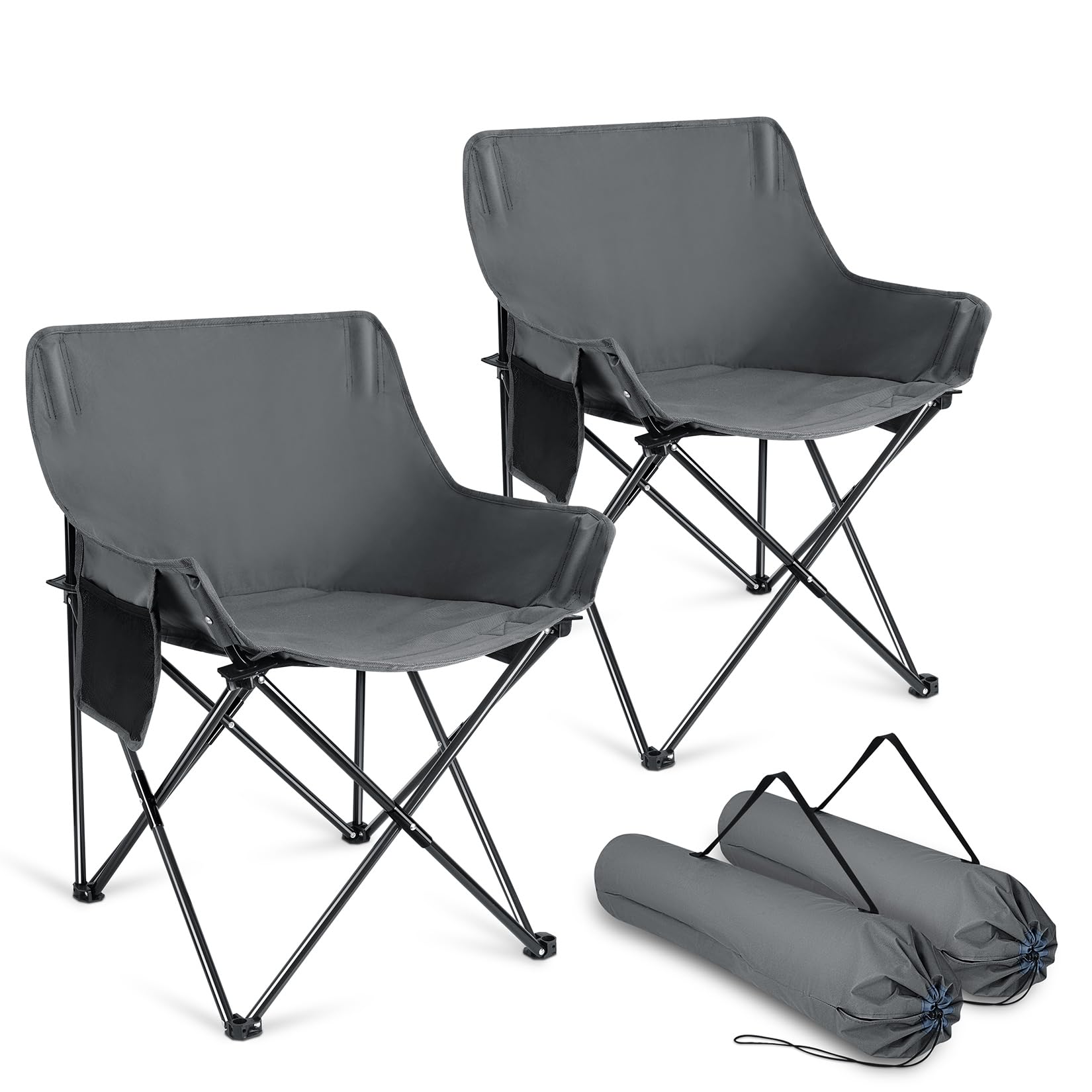 Joyfair Outdoor Camping Chair (Gray), Large Portable Folding Moon Chairs for Adult, 600D Oxford Fabric Sturdy Chair with Carry Bag, for Patio, Beach, Fishing, Lawn and More Outdoor Sports, 2 Pack