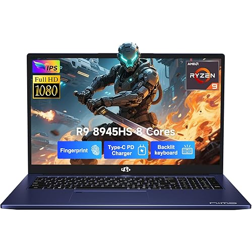 NIMO 17.3 Gaming-Laptop Ryzen 9 8945HS (Beat i9-13900H, Up to 5.2GHz) 16GB RAM, 512GB SSD, Radeon 780M, PD 100W Type-C AI-Enhanced for Copilot VR Ready, Backlit Keyboard, Fingerprint