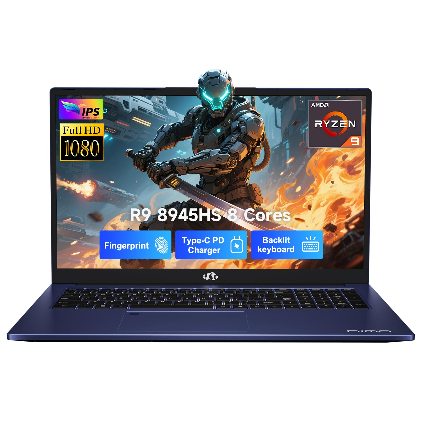 NIMO 17.3 Gaming-Laptop Ryzen 9 8945HS (>i9-13900H) 32GB RAM, 2TB SSD, Radeon 780M, USB-C 4.0 AI-Enhanced for Copilot VR Ready, PD 100W Backlit KB Fingerprint Unlock, Gaming Student Office Business