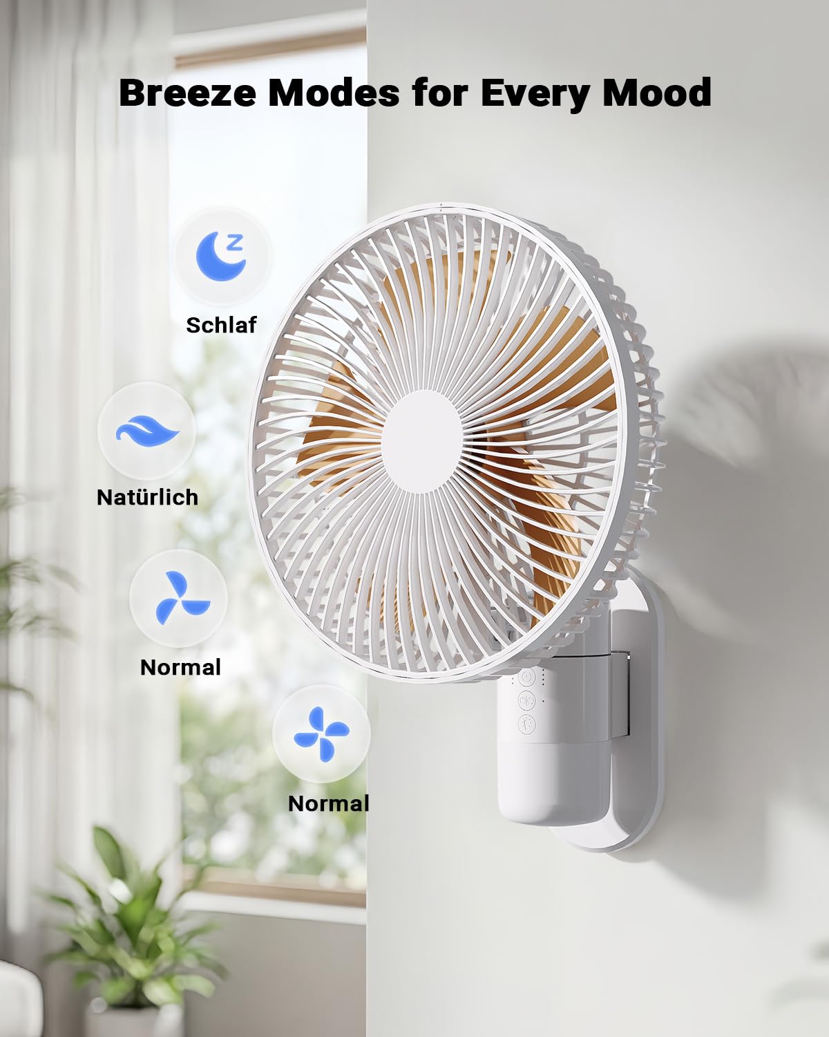 Wandventilator mit Licht 26 cm Fernbedienung 30 dB leise 5,2 m/s Luftstrom Timer 90° Oszillation 4 Geschwindigkeiten 180° neigbar