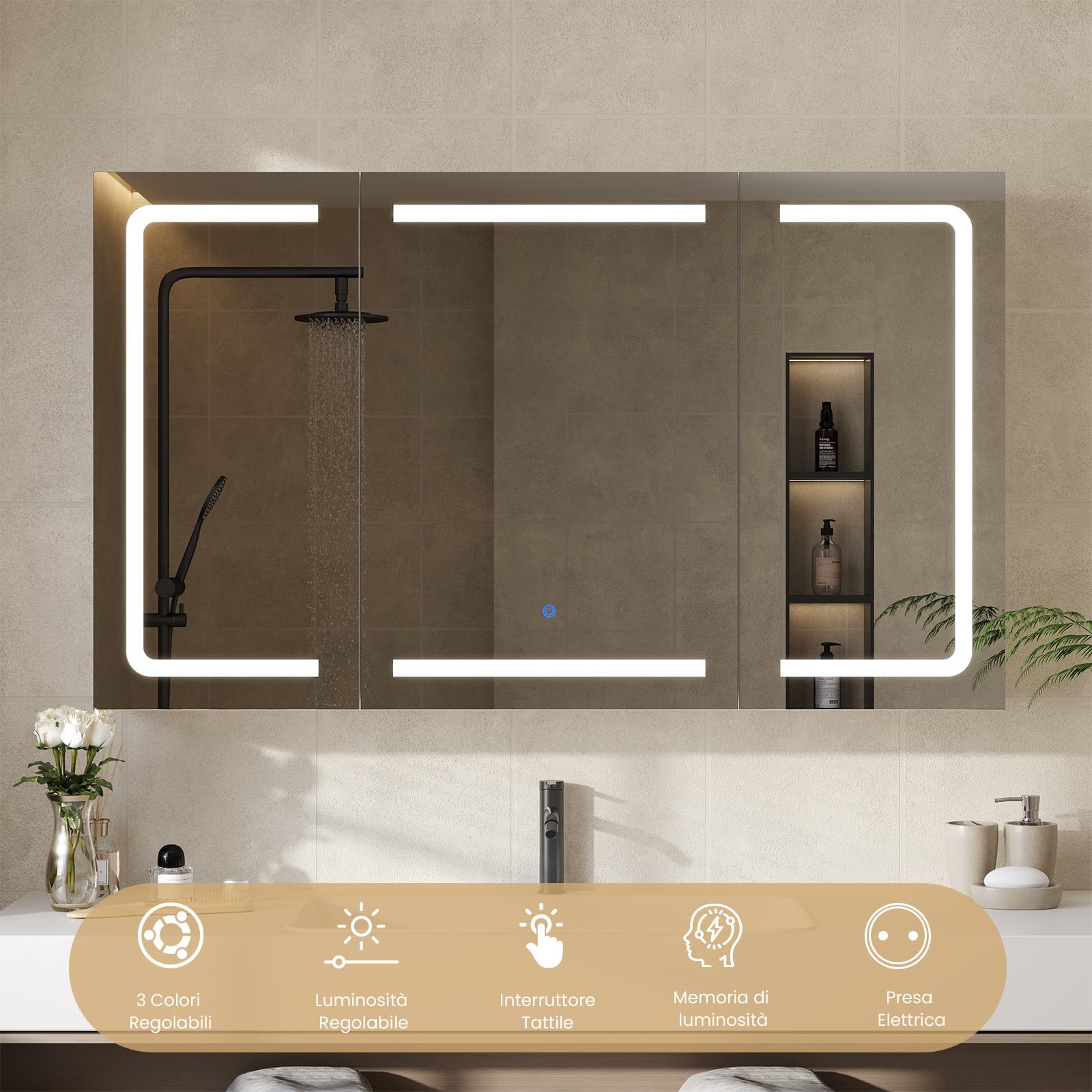 DICTAC Specchio Bagno Contenitore con Luce e Presa Elettrica Mobile Bagno da parete con 3 Ante Specchio e 3 Ripiano Regolabile, Armadietto Specchio Bagno con illuminazione,100 x 60 x 16cm,Bianco