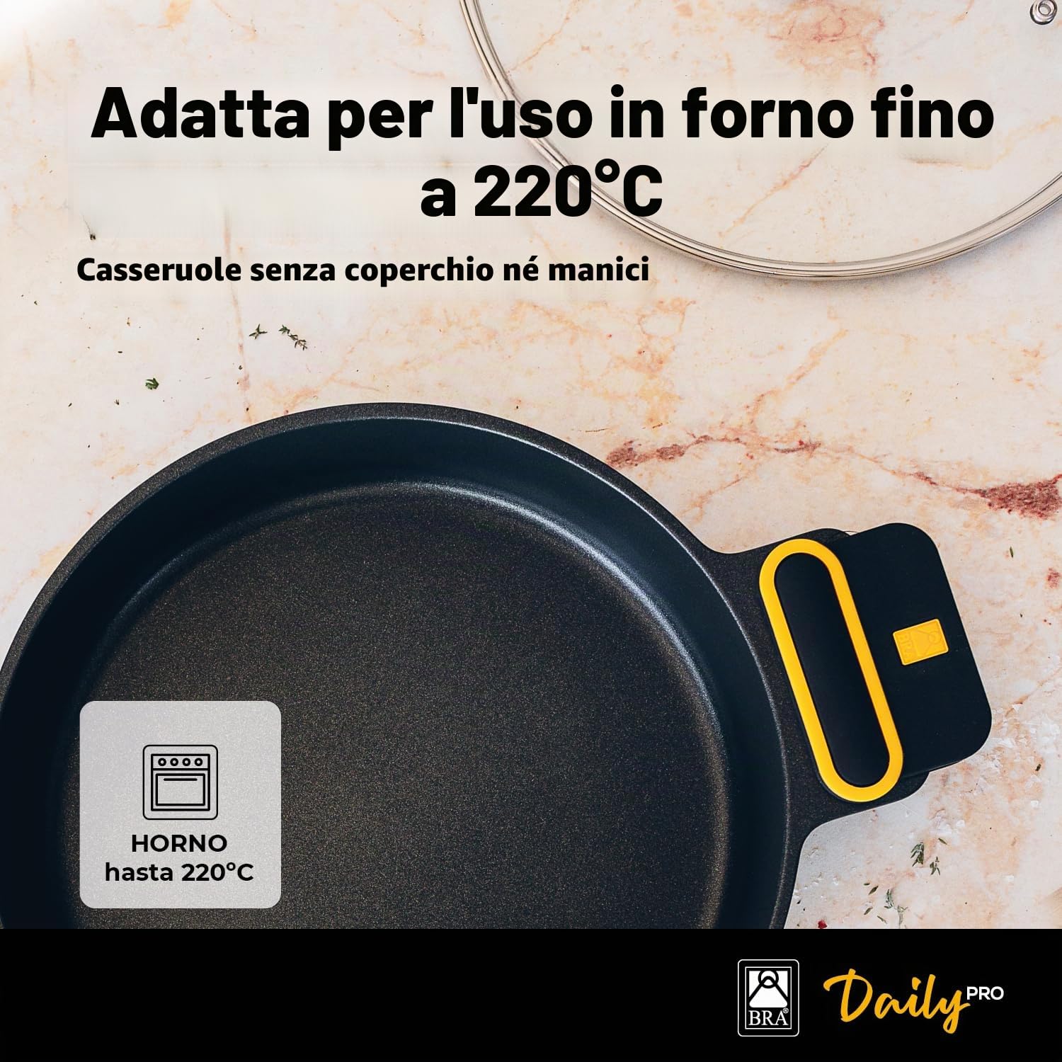 BRA Daily Pro | Casseruola bassa 36 cm, alluminio fuso | Antiaderente Senza PFOA, Adatta a tutti i tipi di piani cottura e induzione, Nero, Giallo