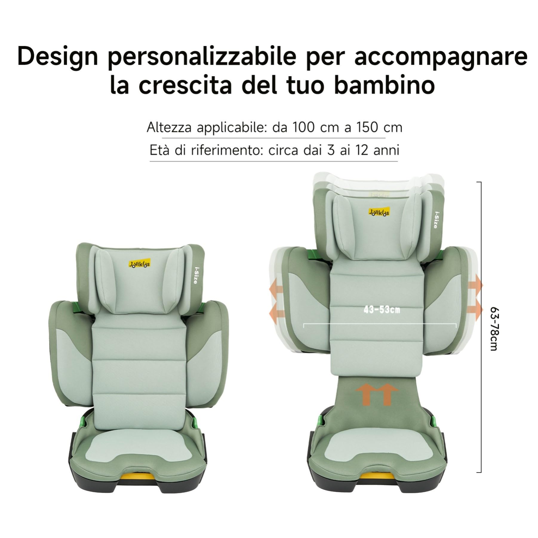 Jovikids i-Size Seggiolino Auto ISOFIX, Pieghevole Alzatina Auto per Bambini ECE R129, circa 3-12 anni/100-150cm, Altezza e larghezza regolabili