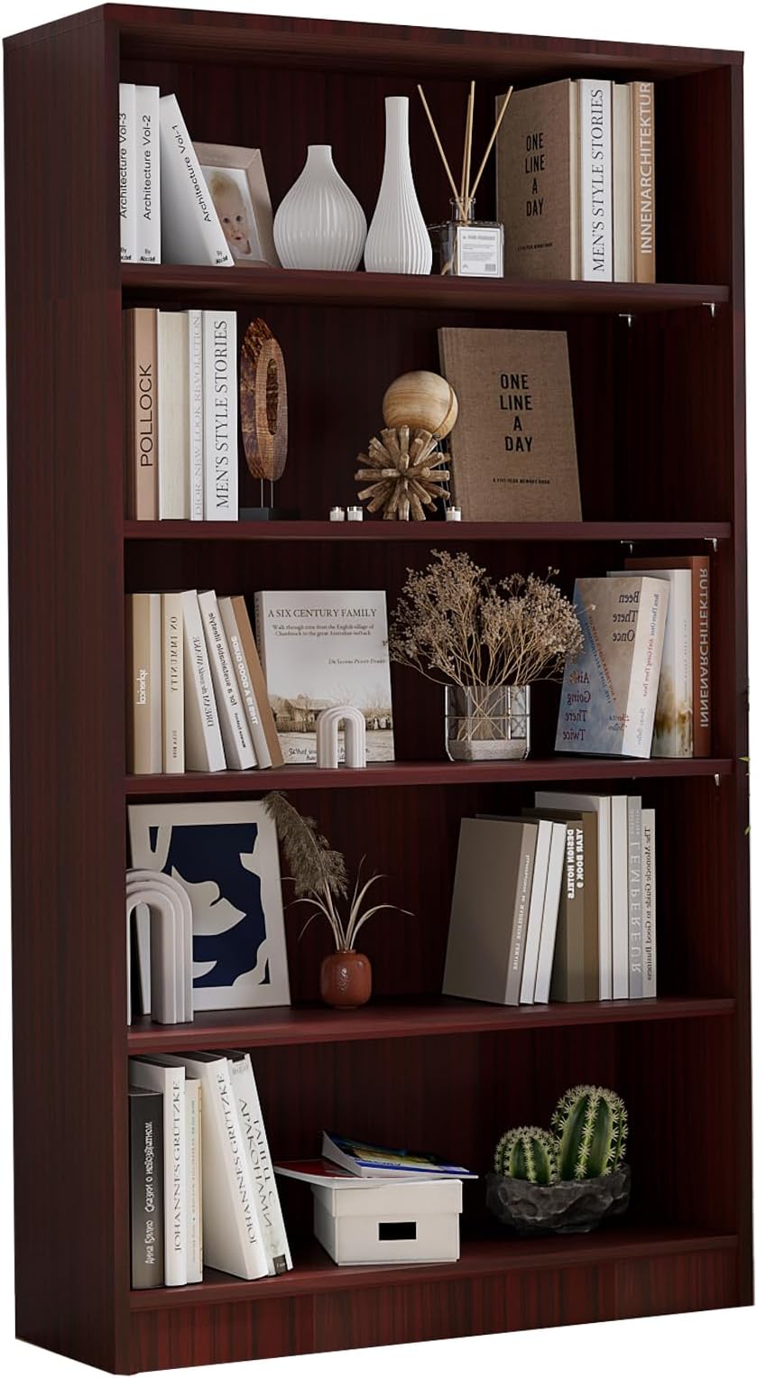 Farini 60 Inch Tall Bookcase,5 Shelf Bookshelves,Adjustable Bookshelf for Home Office,Mahogany