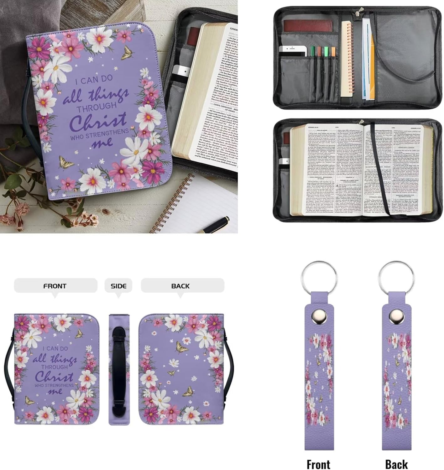 Floral Butterfly Verse Print Bible Carrying Case Set for Christian Zippered PU Leather Bible Cover with Wristlet Keychain, I Can Do All Things Through Christ Who Strengthens Me