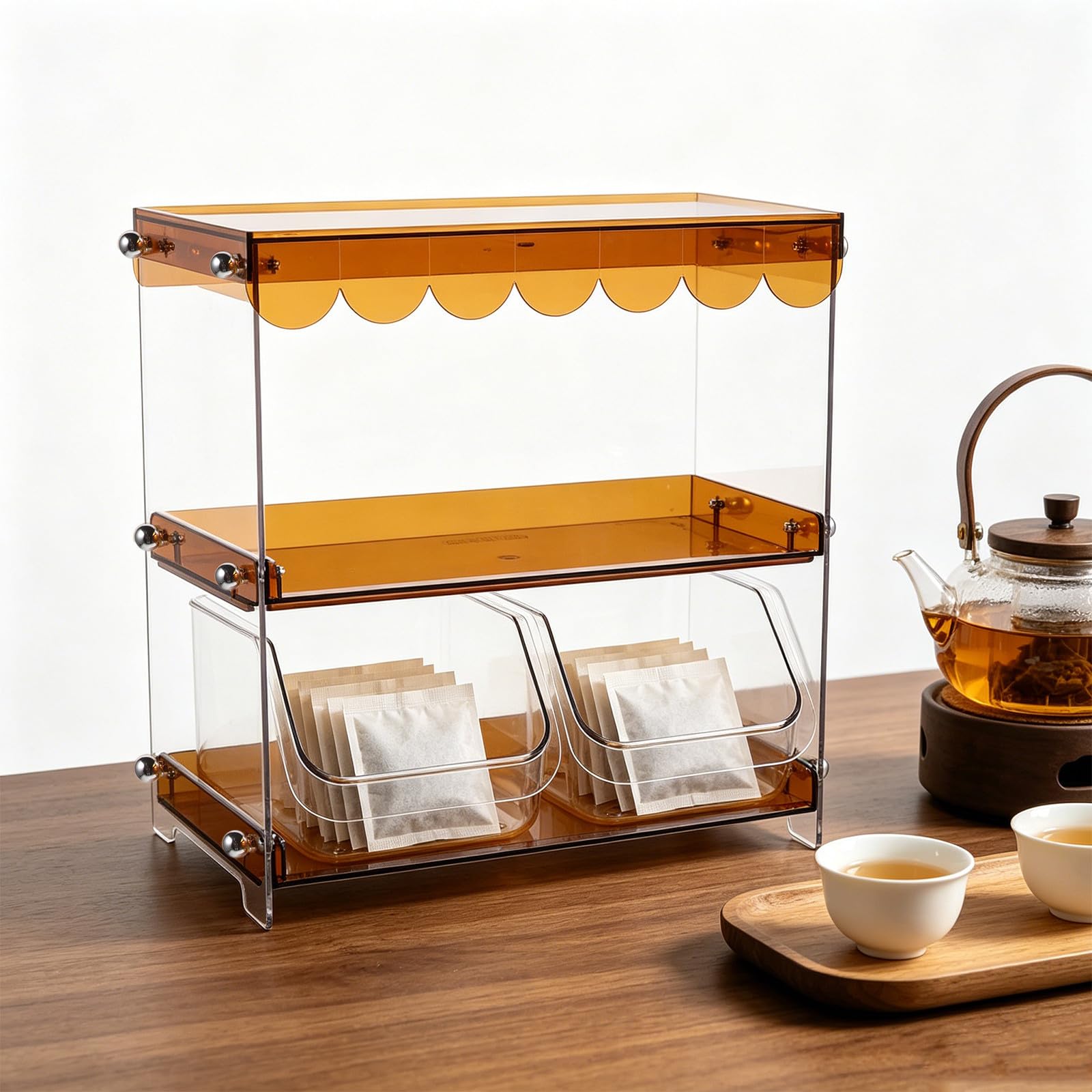OUNONA Caja Organizadora Material Pet con Diseño Ahorrador de Espacio 2 Niveles con Cajón Extraíble y Compartimentos Múltiples para Bolsas de Té para Cocina u Oficina