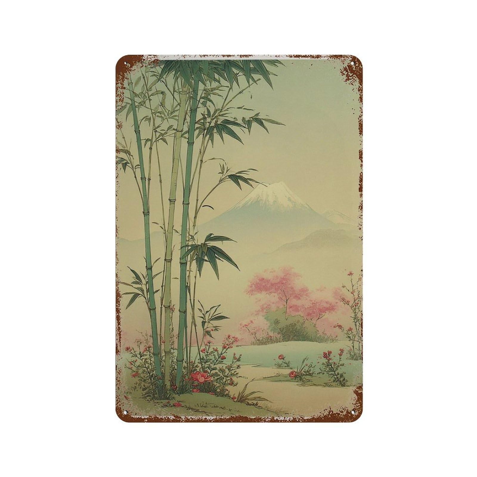xiaoxiaoshen Japanese Bamboo Mount Fuji Landscape Traditional Asian Woodblock Living Room Wall Decor Art Metal Tin Poster Modern Home Decor Art Home Bar Shop Decorations Vintage Sign 30x20cm