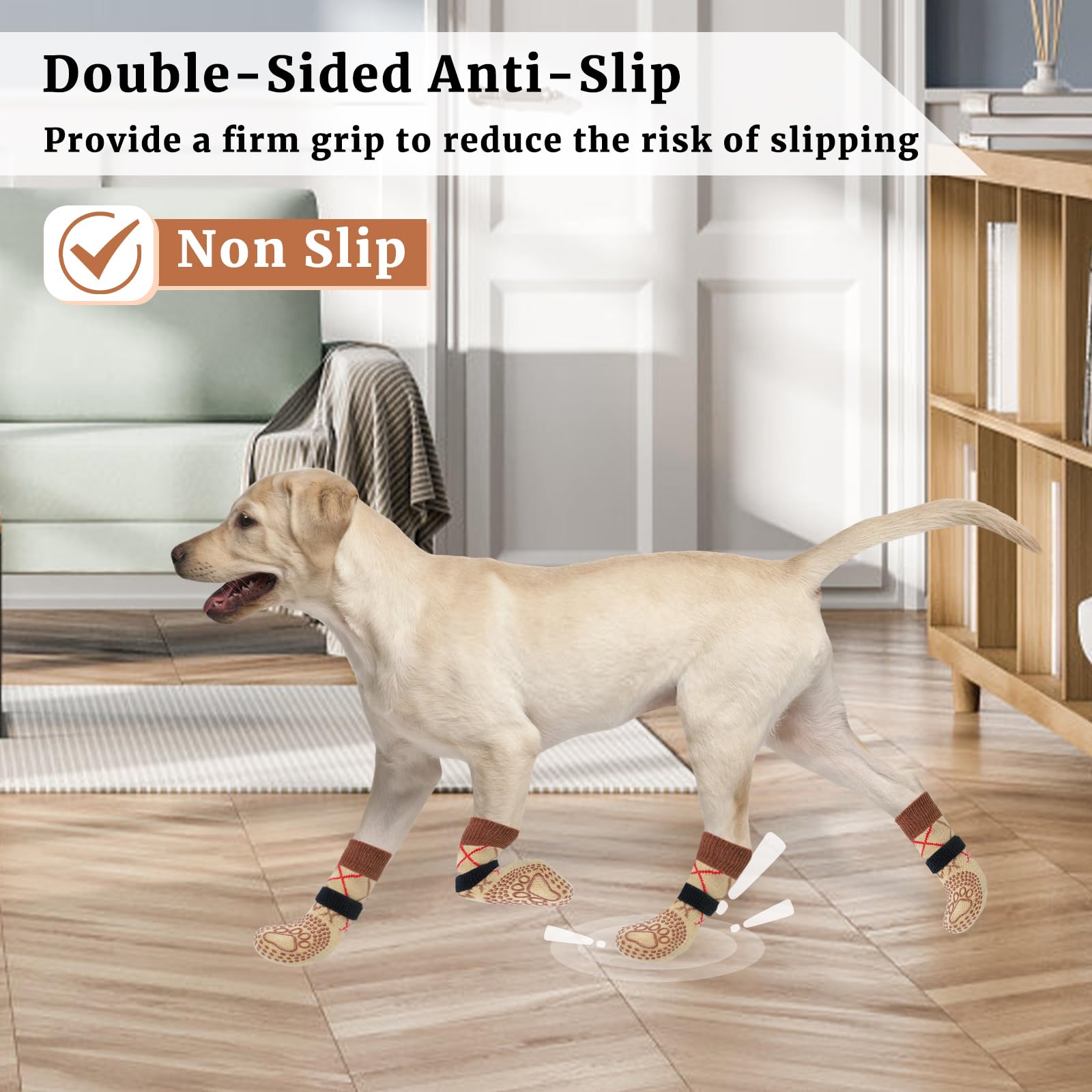 Chaussettes Chien Antidérapantes, 2 Paires Chaussette Chiens Protection Plaie, Réglable Chaussette pour Chien, Flexible Chausson Chiens pour Une Utilisation Intérieure et Extérieure (Brun-XL)