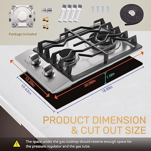 Miniatura 6 de TOPWISH Placa de cocina de gas propano de 2 quemadores, estufa de gas incorporada de GLPNG de 12 pulgadas con 2 quemadores sellados ITALY SABAF de
