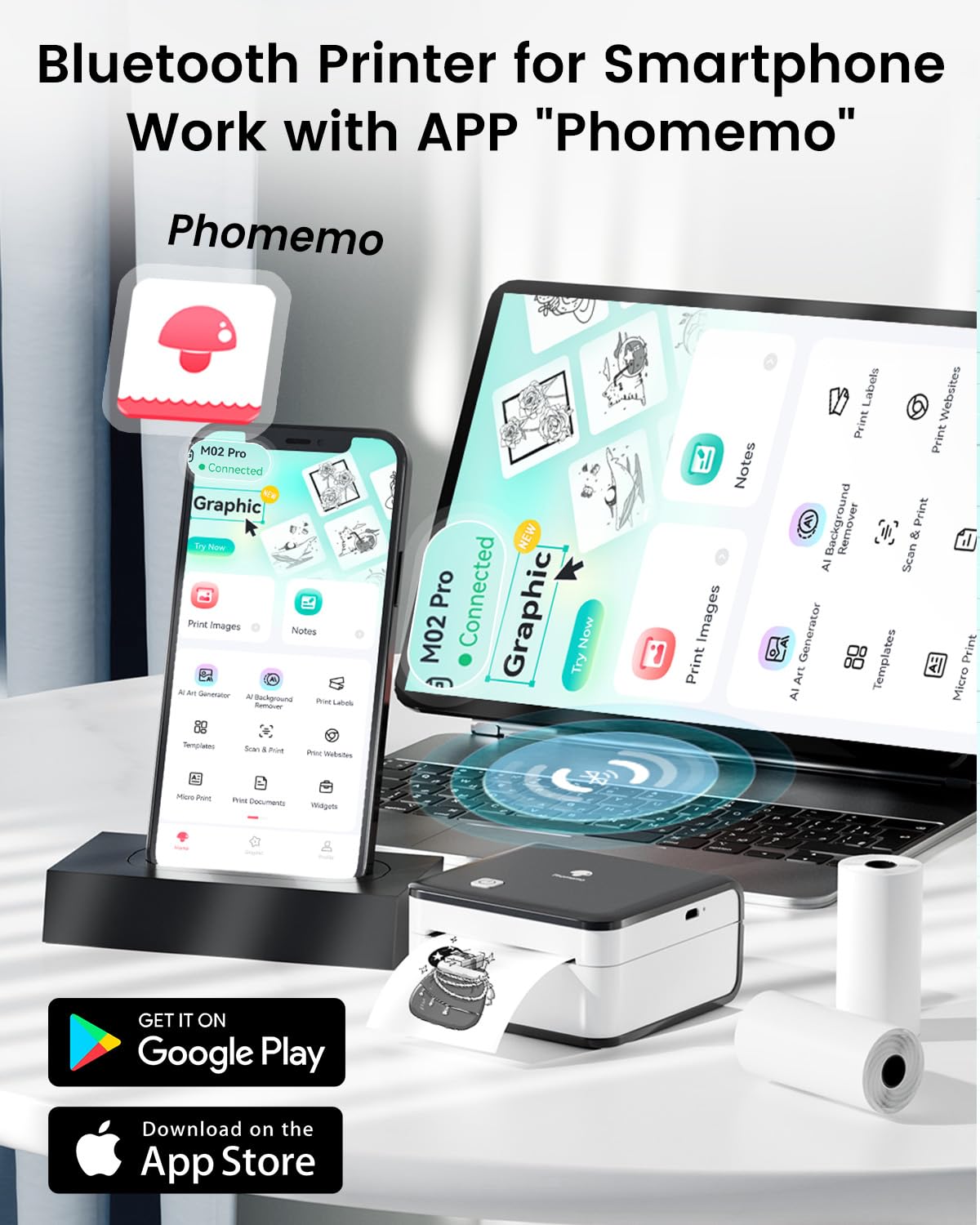 Phomemo Stampante Portatile, Mini Stampante Termica M02 Pro 300 DPI Stampante Per Adesivi Stampante Fotografica Portatile Con Tre Rotoli Di Carta Per Appunti E Schemi Di Studio, Apprendimento, Foto - 9