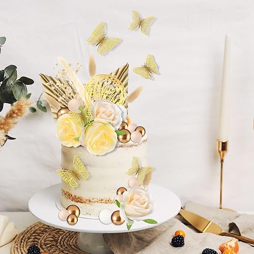 Miniatura 11 de MTLEE 51 piezas de decoración bohemia rosa para tartas de oro rosa, decoración de flores de pastel de feliz cumpleaños, decoración de pastel