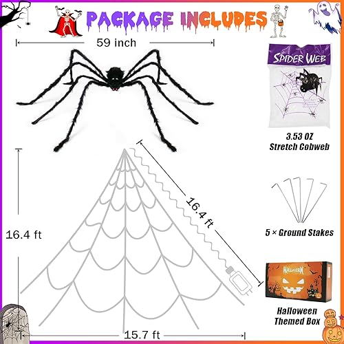 Miniatura 3 de Telarañas para decoración de Halloween al aire libre, 455 luces LED de telaraña, decoración con araña grande de 59 pulgadas y telaraña elástica de