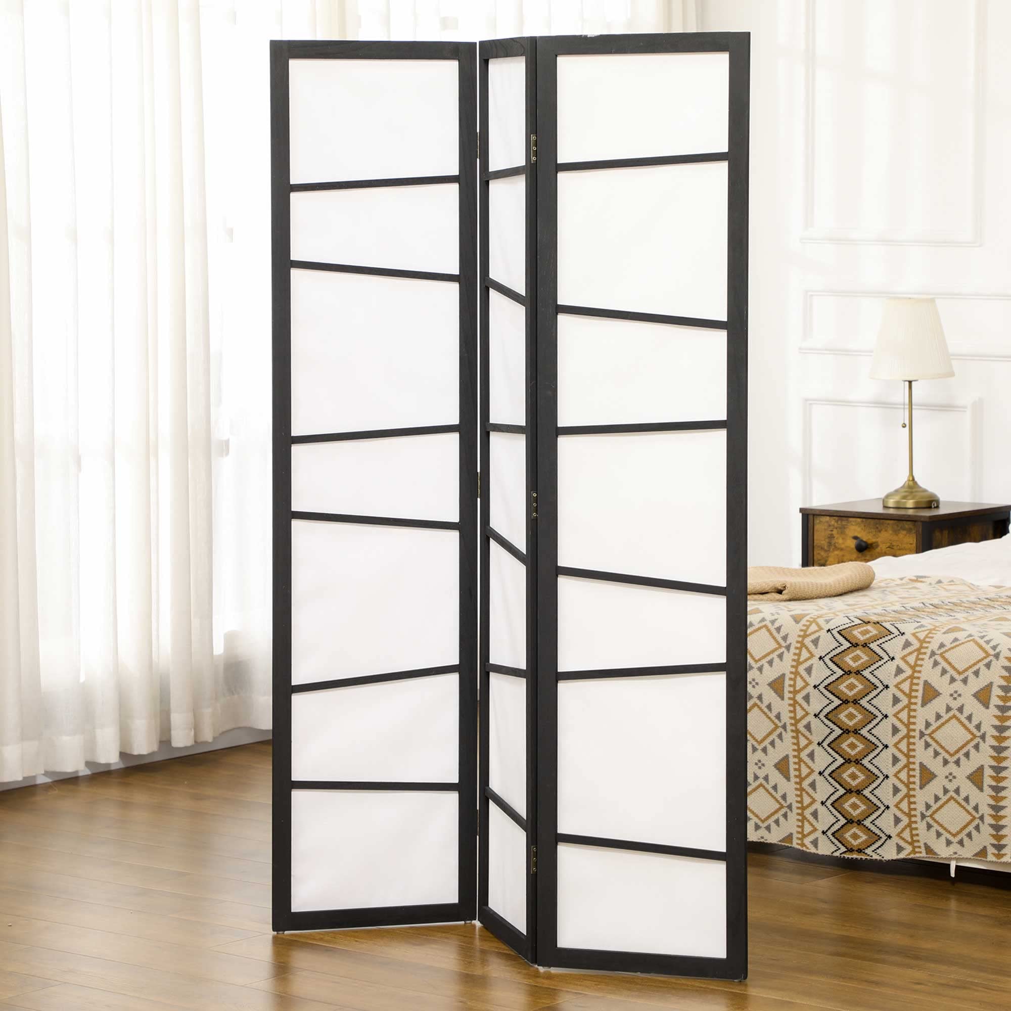HOMCOM Separè a 3 pannelli, Paravento in Legno Pieghevole per Interni, 120x170cm, Nero e Bianco