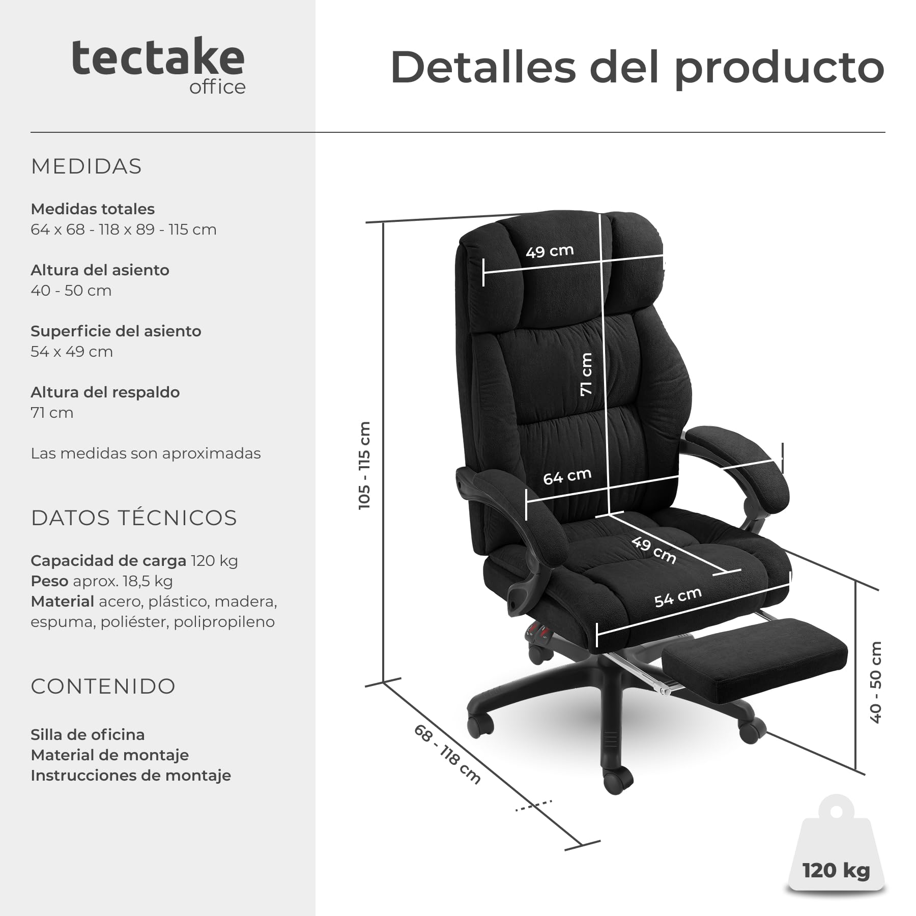 tectake® Silla Oficina Ergonomica con Reposapiés Desplegable, Mobiliario de Oficina, Reposabrazos Ajustables, Sillas Oficina, Sillón, Silla Escritorio, Sillas Escritorio - Negro