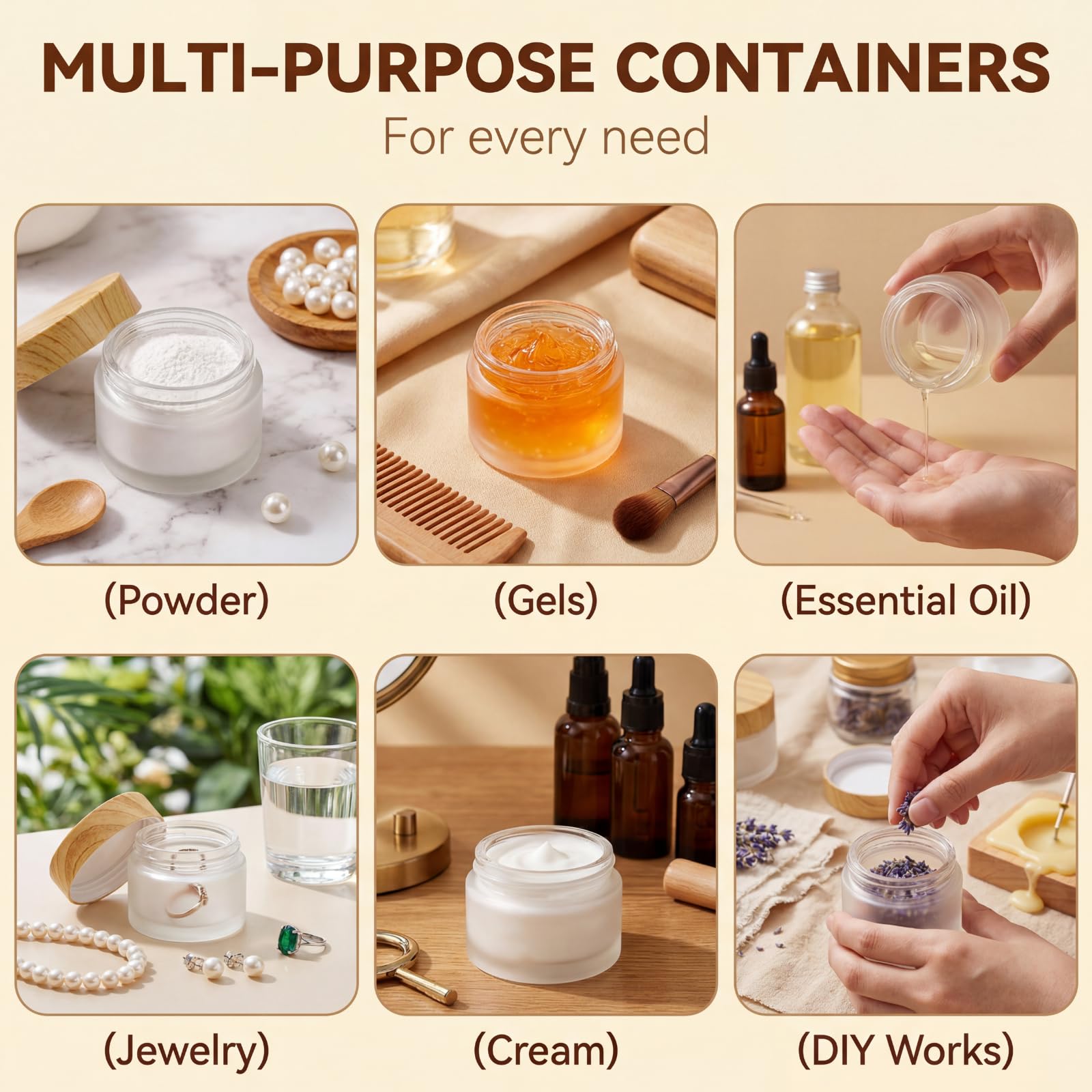 ZENFUN Lot de 16 récipients cosmétiques vides en verre 50 g/50 ml avec couvercle en plastique, flacons en verre dépoli, petits pots d'échantillons de maquillage, bocaux de voyage rechargeables pour