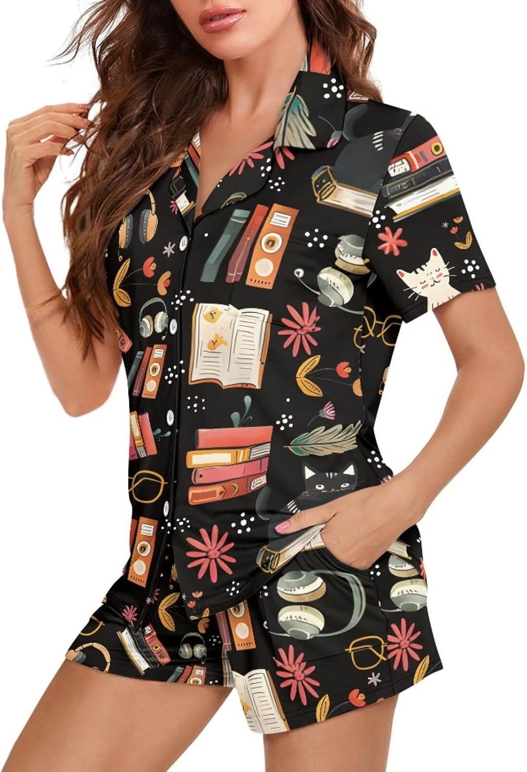 Womens Pajamas Set Button Down Short Sleeve Pajama Sleepwear Collar Nightshirt Casual Lounge Wear Top and Shorts