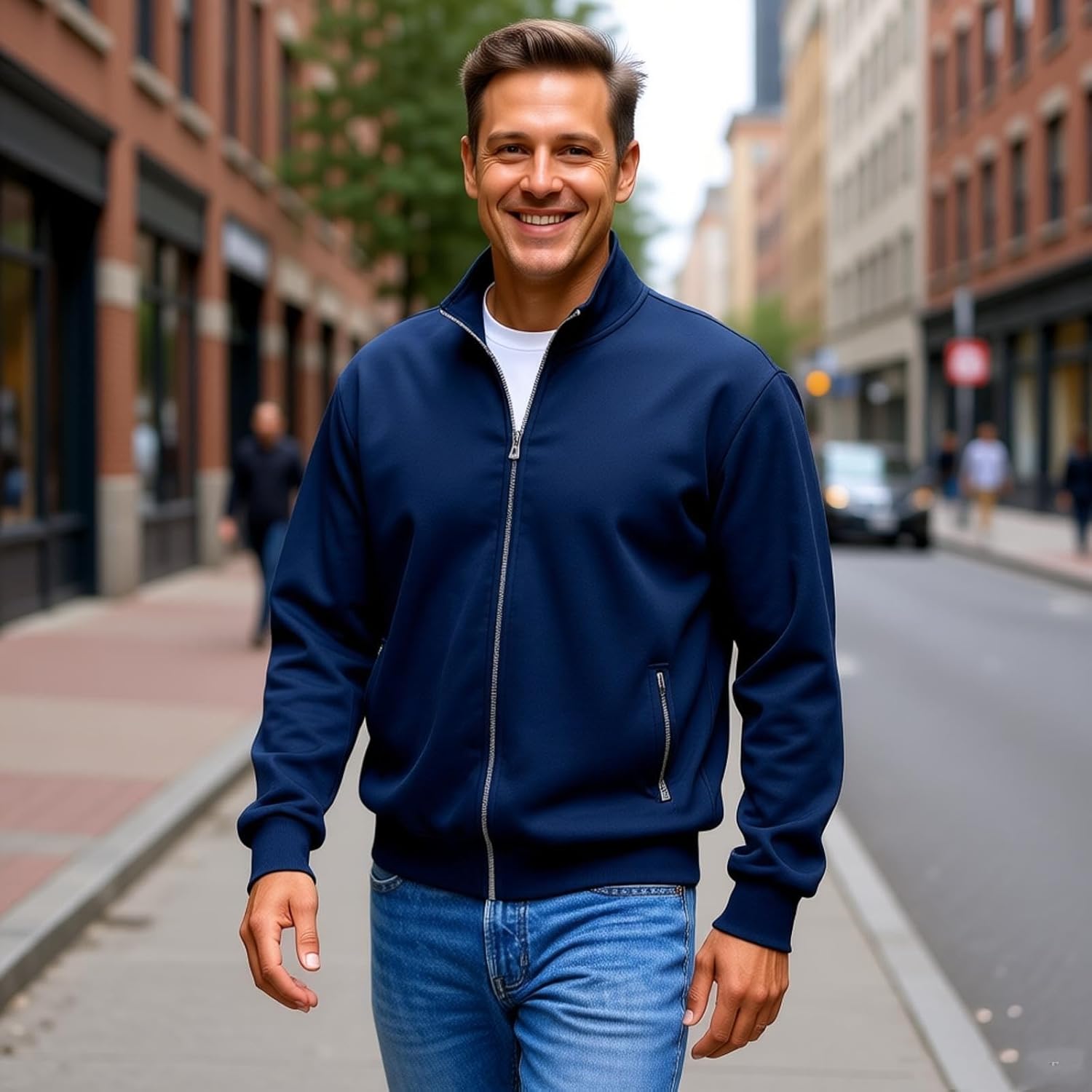 Mens Zip up Sweatshirt no Hood Long Sleeve Jacket