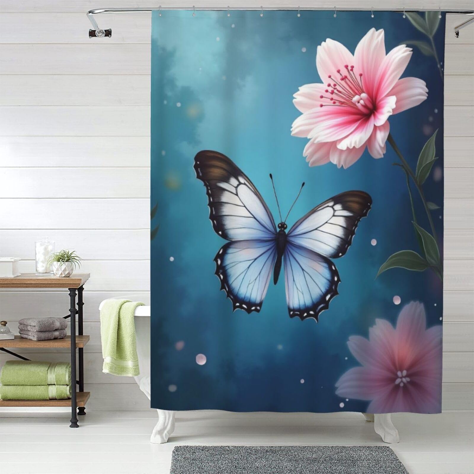 Rideau de douche opaque imperméable imprimé fleur et papillon 152x183 cm