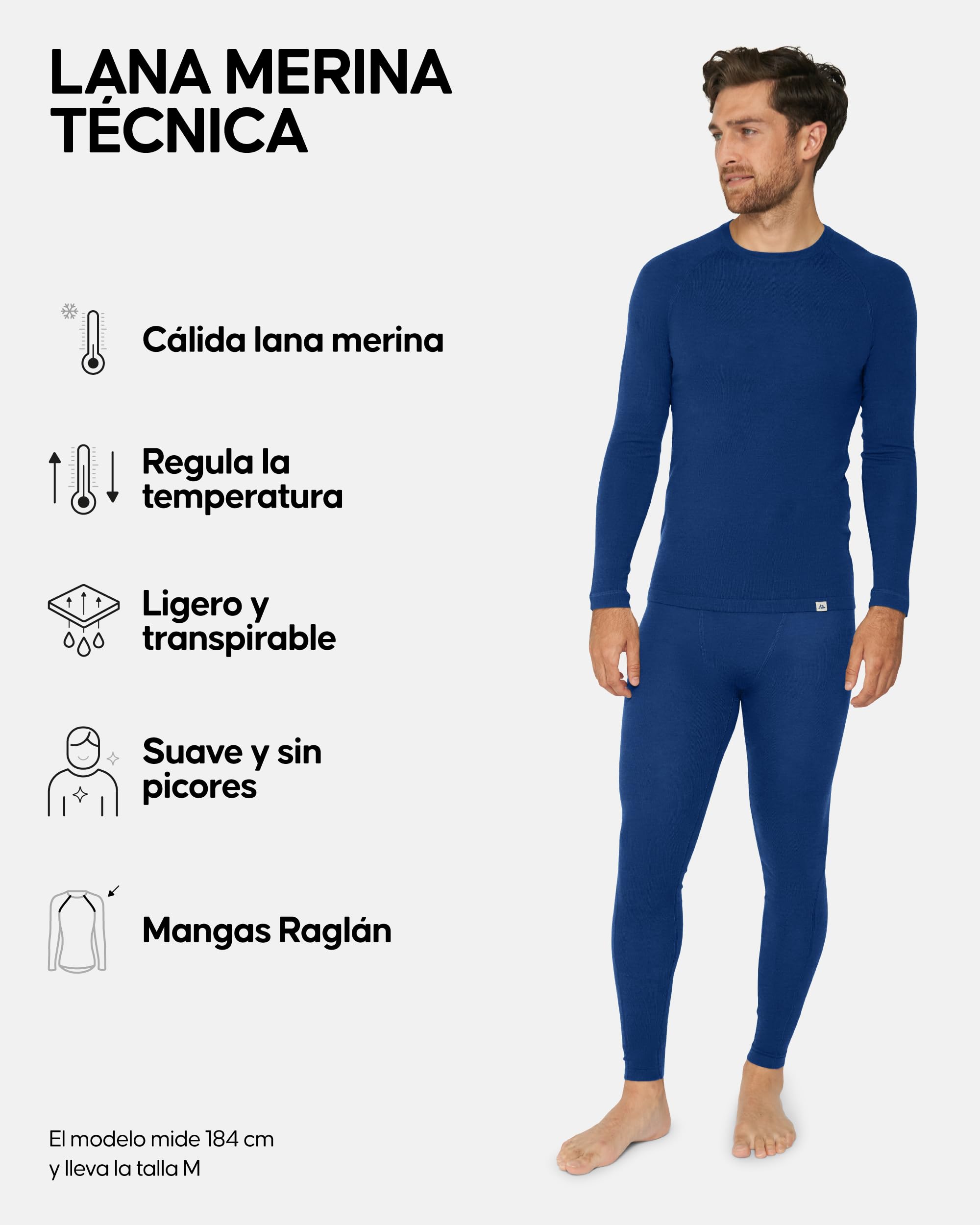DANISH ENDURANCE Conjunto Térmico Lana Merino Hombre, Camiseta Térmica y Pantalon, Ropa Interior Lana Merino