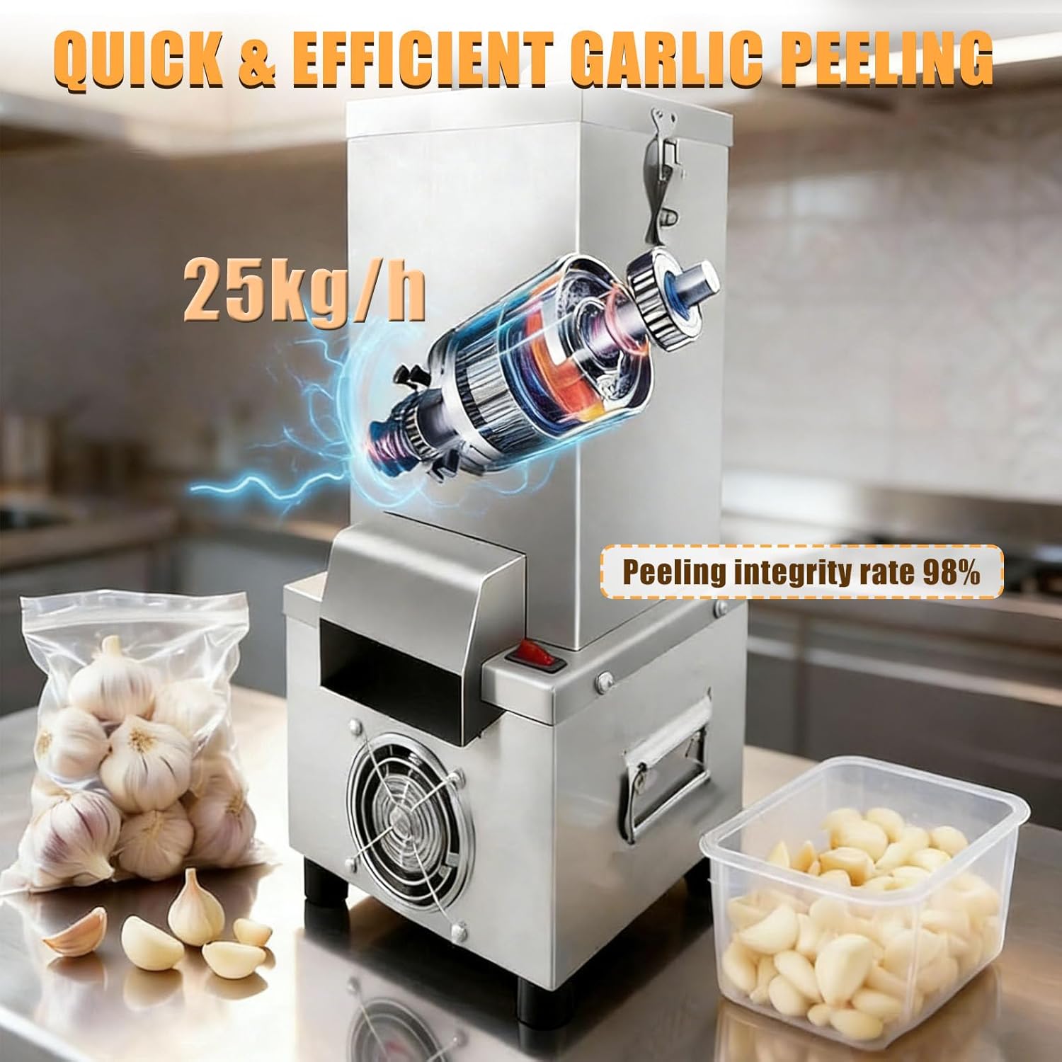 200w Commercial Electric Garlic Peeler, Stainless Steel Garlic Peeling Machine, 25 Kg/H Output, 98% Peeling Rate, for Restaurants Barbecue, for Dry Garlic