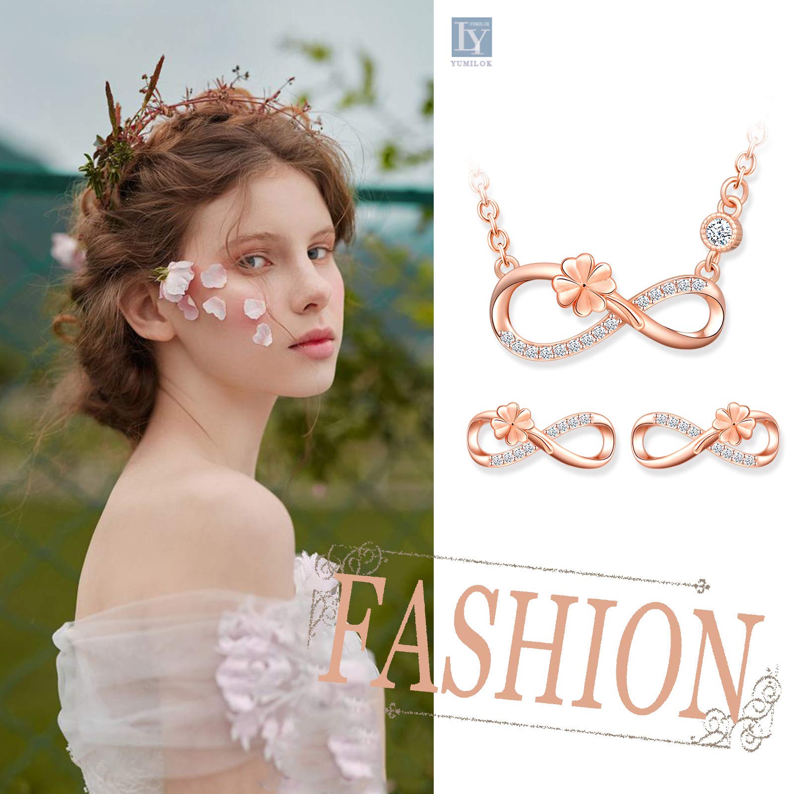 Yumilok Conjunto de collar y pendientes, collar con colgante de trébol de plata 925 y símbolo de infinito y pendientes, joyería para mujeres y niñas, incrustaciones de circonita cúbica
