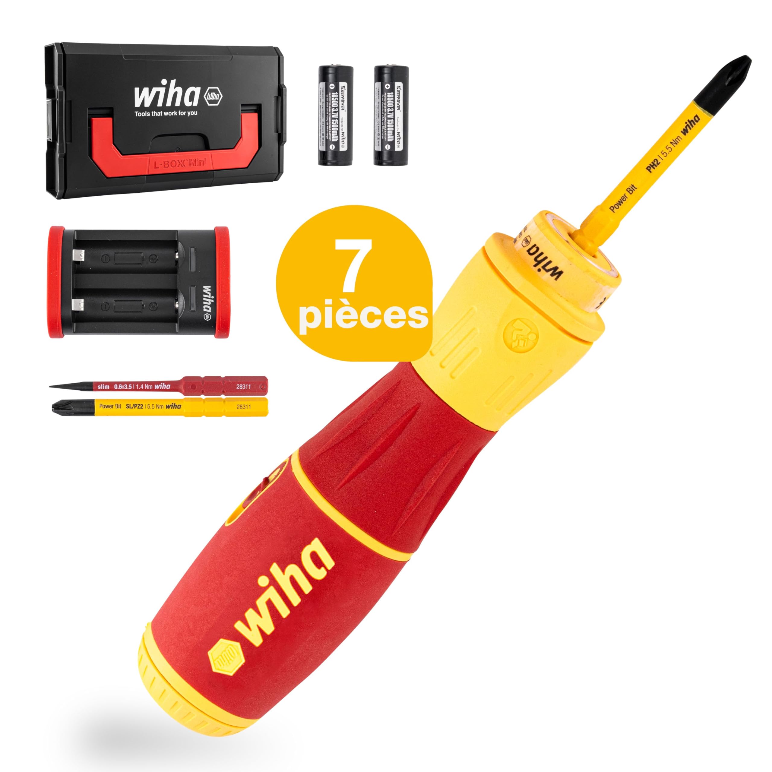 Wiha Tournevis électrique speedE® II sans fil visseuse (44318) avec embouts isolés slim, piles, câble USB, L-Boxx Mini) | Serrage à 0,4 Nm et 1 Nm | (44318) Torque 0.4Nm + 1Nm I L-Boxx Mini I batteries, USB charging cable I LED light I cordless screwdrive