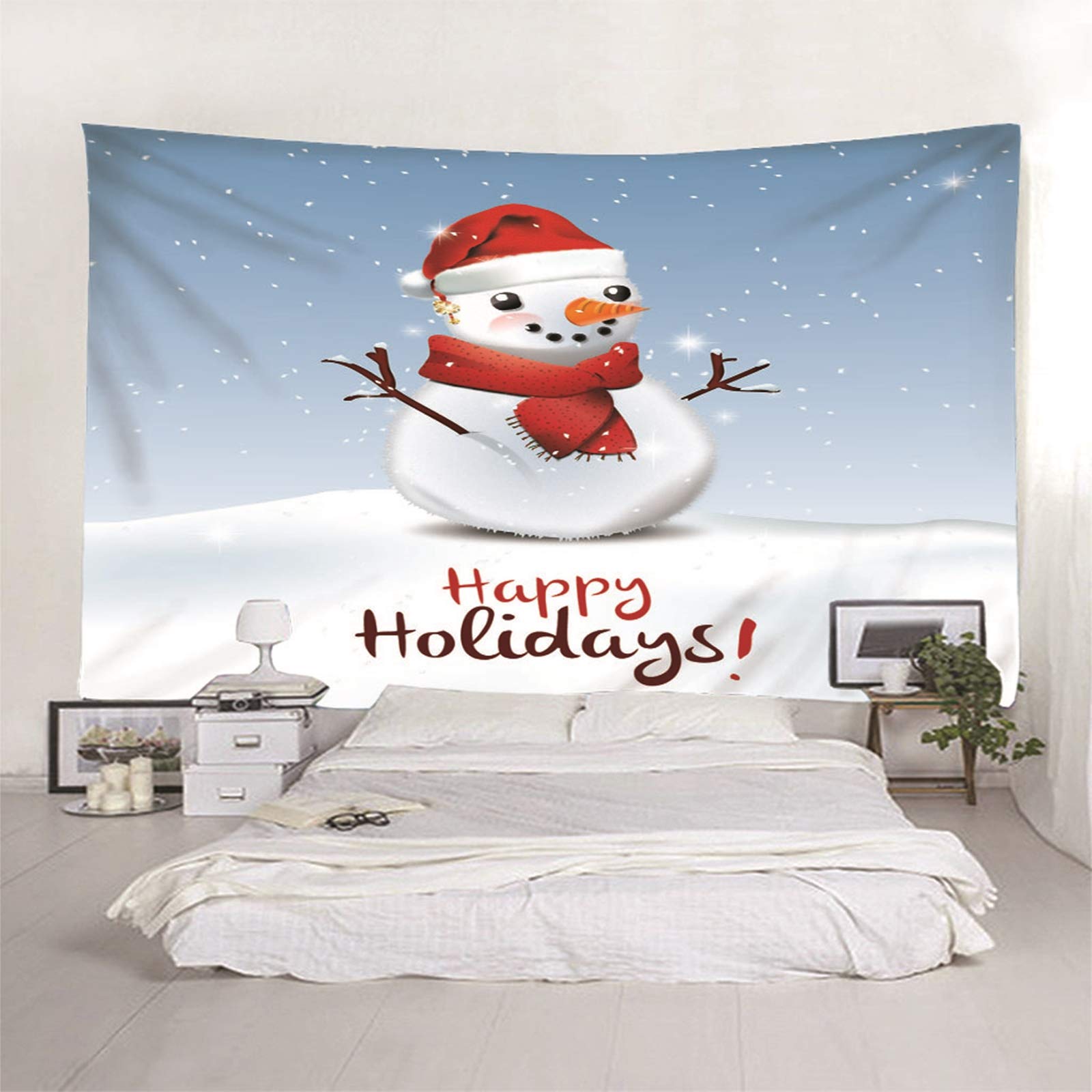Decorazioni Casa Natale Arazzo, Arazzo Classico da Parete Ramo Pupazzo di Neve Buone Vacanze Grigio Blu Bianco Arazzo Grande da Appendere, 300x260CM