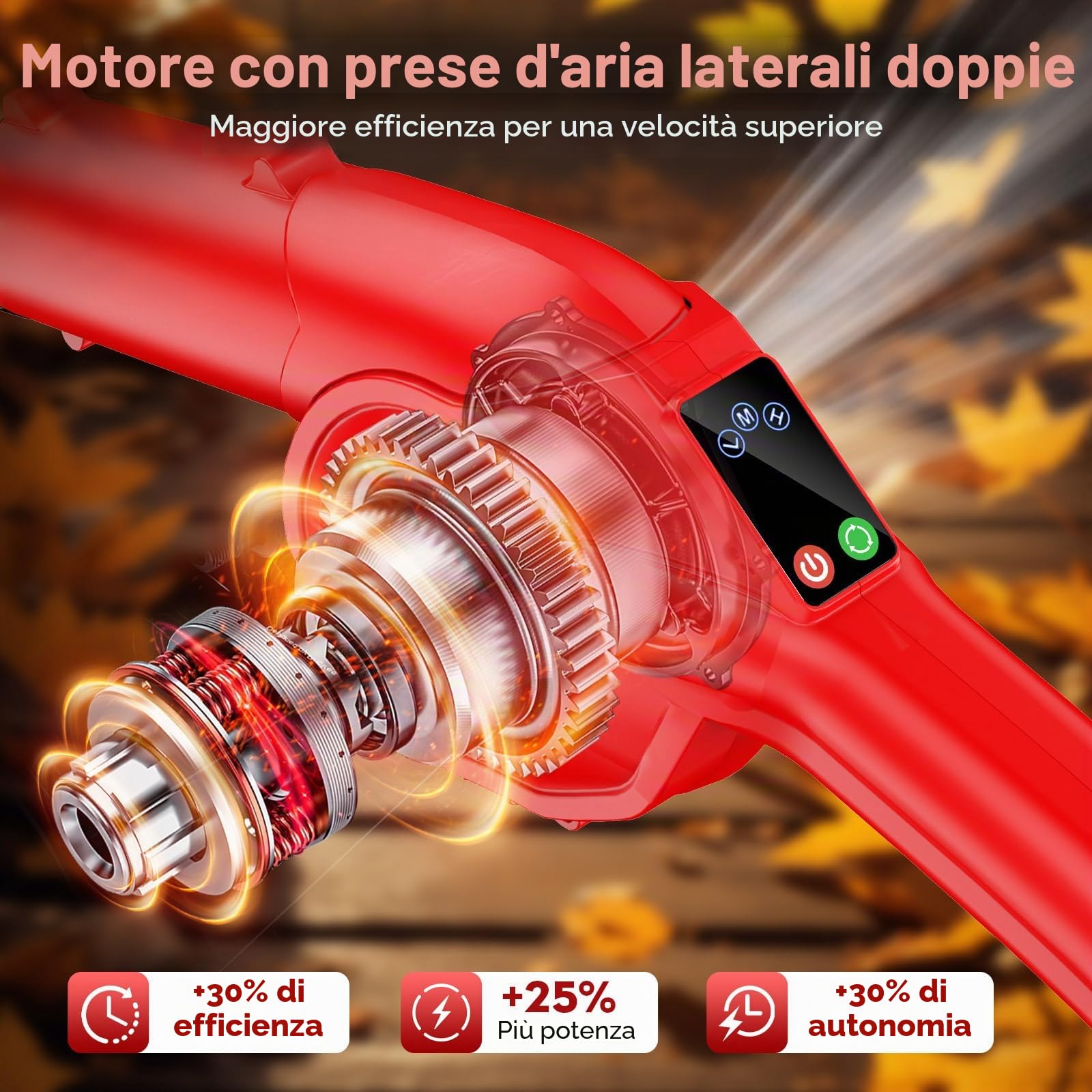 Soffiatore per foglie senza fili con batterie 21V 2*3000mAh e caricabatterie, soffiatore elettrico 320CFM 180MPH, 3 livelli di velocità e 3 tubi di soffiaggio, soffiatori da giardino leggeri con turbo