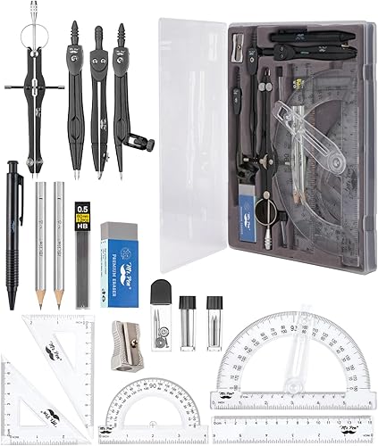 Mr. Pen - Juego de geometría, 15 piezas, negro, transportador de brazo oscilante de 6 pulgadas, divisor, juego de cuadrados, regla, brújulas y