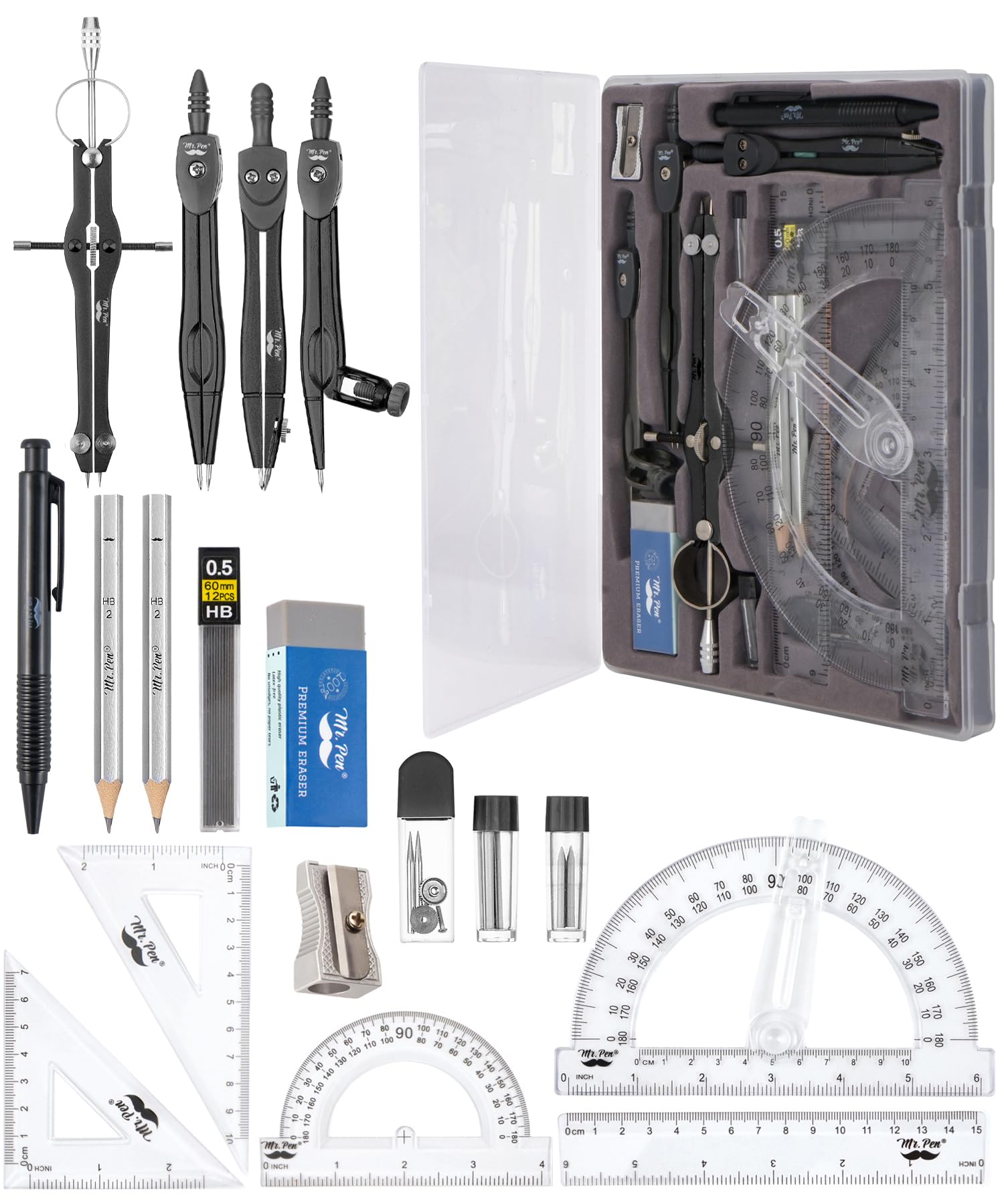 Mr. Pen- Geometry Set, 15 pcs, Black, 6 Inch Swing Arm Protractor, Divider, Set Squares, Ruler, Compasses and Protractor