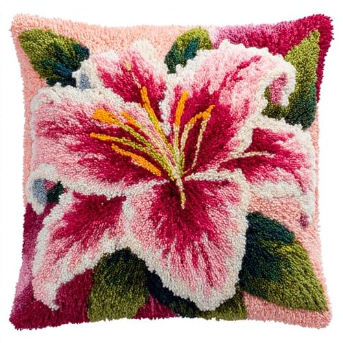 Taxpy DIY Rug Pillow Cover Latch Hook Cushion Kits, Lily Flowers Needlework Pillow Cover Sofa Cushion Rug Making Kits,17x17inch