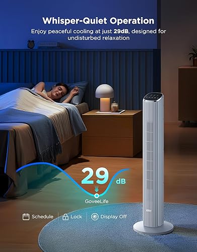 Miniatura 4 de GoveeLife Ventilador de torre blanco para dormitorio, ventilador de piso inteligente de 36 pulgadas con control de aplicaciónvoz, sensor de