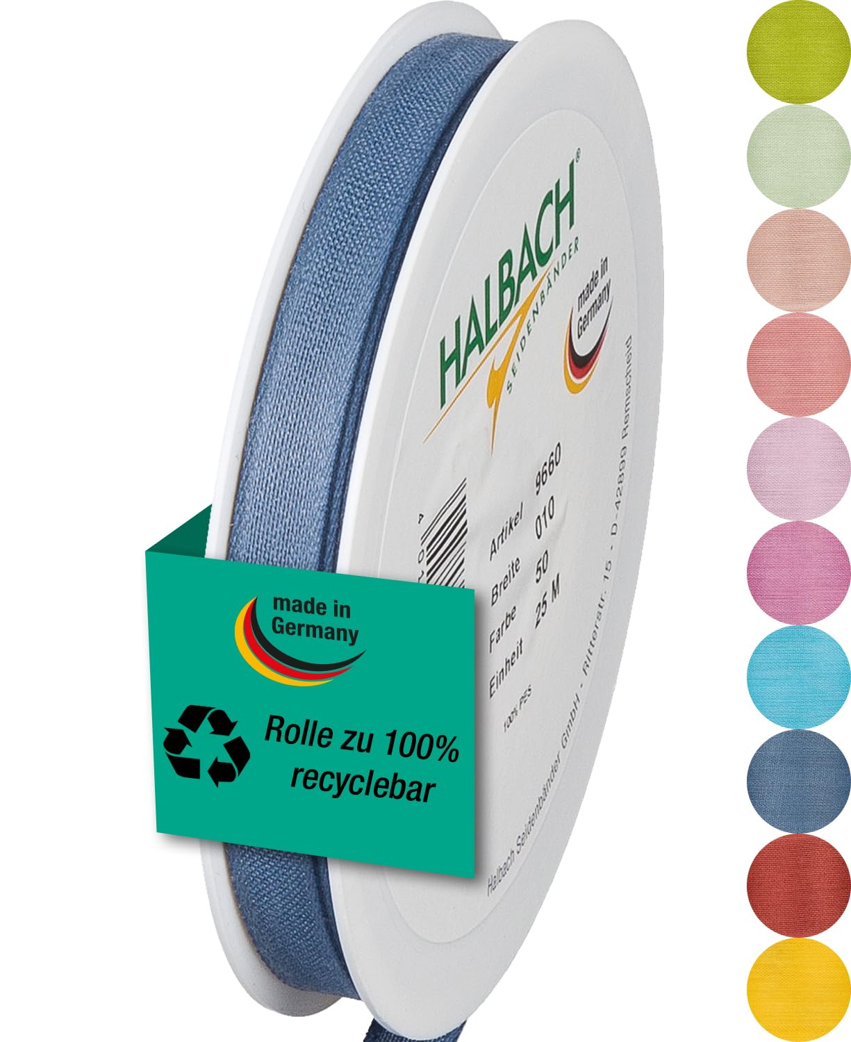 Halbach Seidenbänder Gift Ribbon Width 10 mm Length 25 m Ribbon Made in Germany Gift Ribbons in a Variety of Colours and Widths Perfect for Packaging and Decorating Colour: Denim Blue