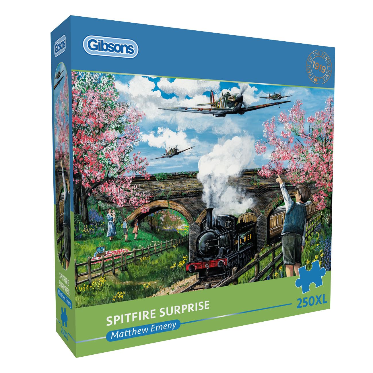 Gibsons Spitfire Surprise 250XL Piece Jigsaw Puzzle for Adults by Matthew Emeny - Extra Large Pieces - Nostalgic Aviation & Railway Theme Artwork – Premium Sustainable Puzzle Made in the UK/EU
