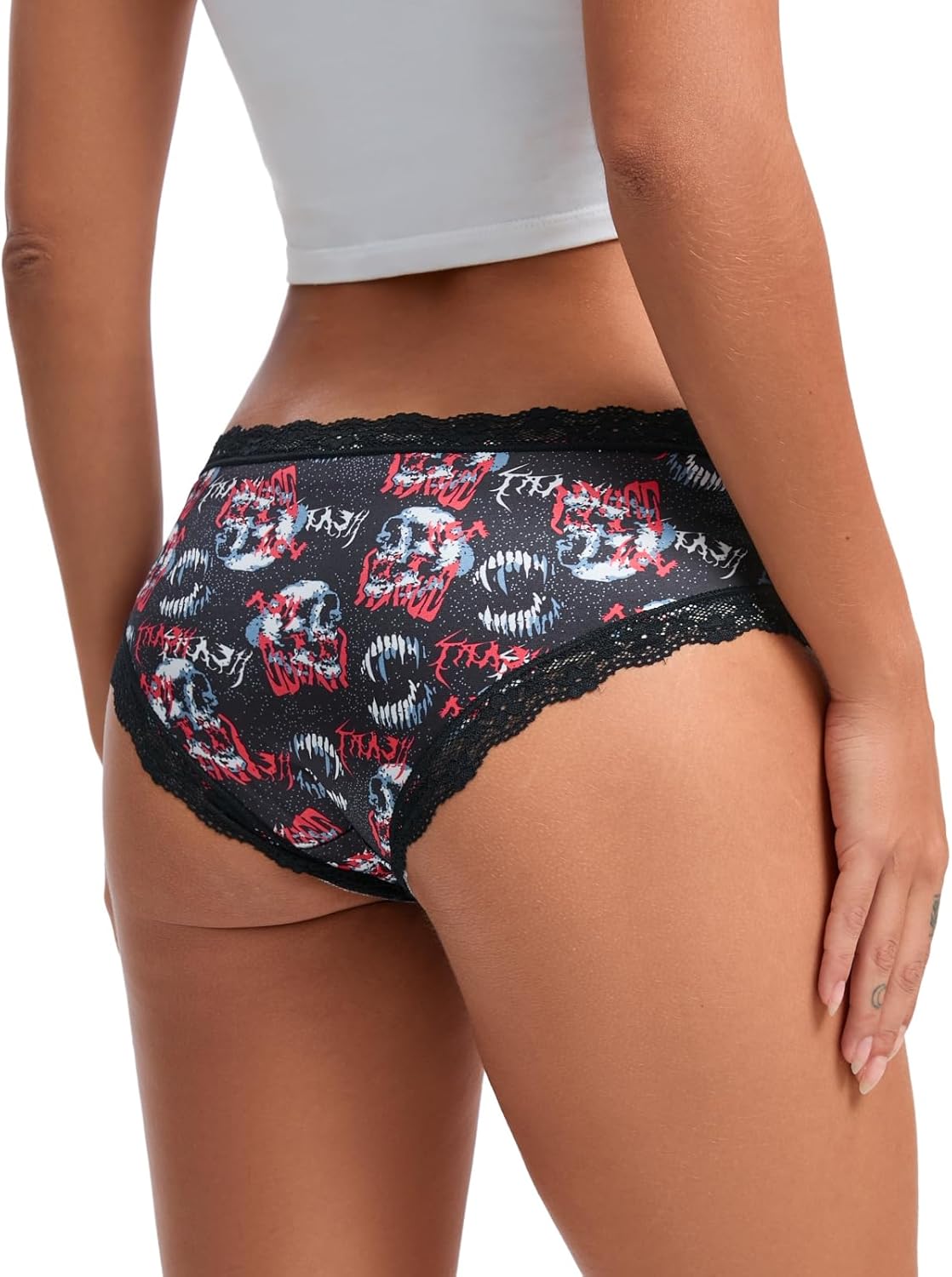 TenderTouch Women's Gothic Panties 6 Pack, Lace Trim Skull Stars Mushrooms Spiders Print for Valentine's Day Gifts - Image 3