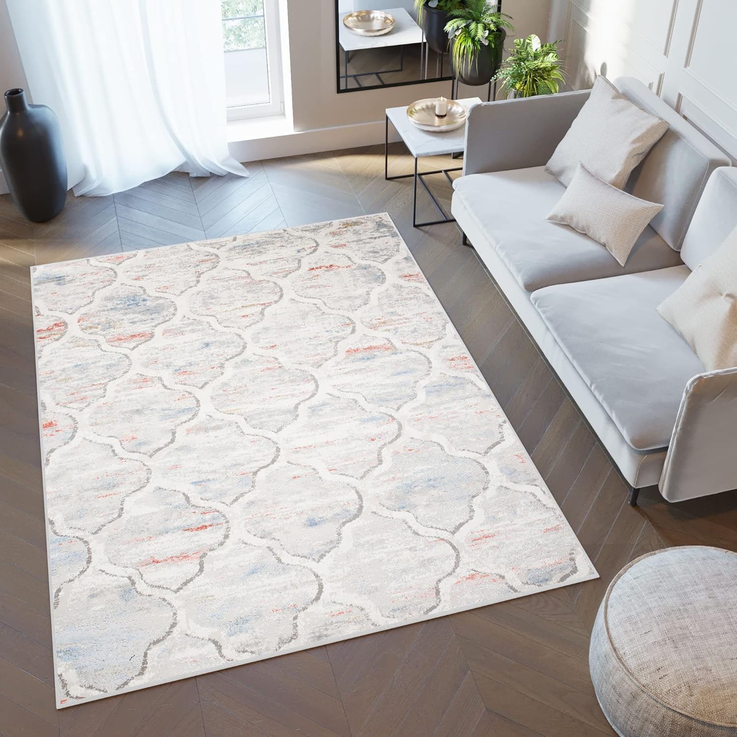 TAPISO Valley Dywan z krótkim włosiem, nowoczesny, marroko, czerwony, beżowy, niebieski, wielokolorowy, liść koniczyny, do sypialni, salonu, biura, design 200 x 300 cm