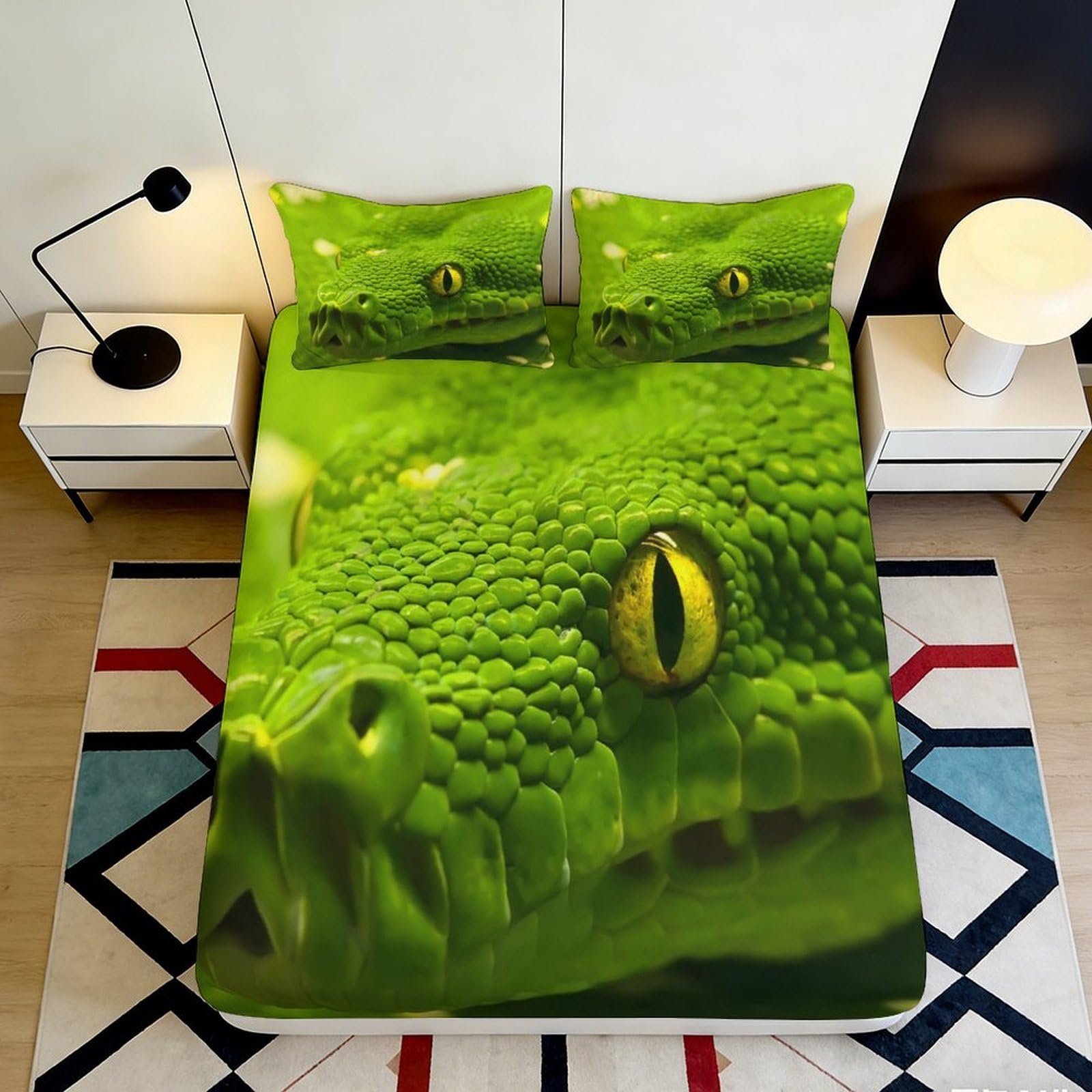 3D Printed Green Snake Fitted Sheet Microfiber Soft Non-Slip Jungle Reptile Bed Cover for Bedroom Dorm Decor 90x200x25cm