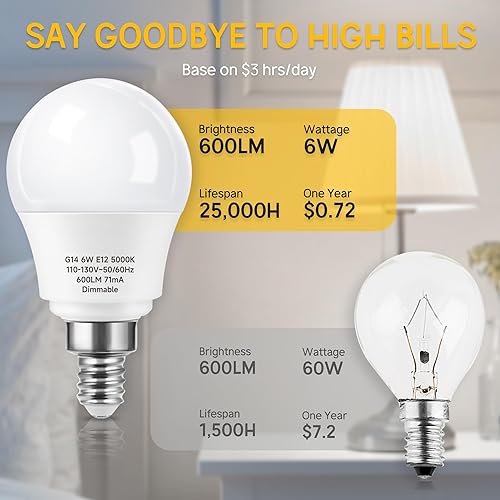 Miniatura 5 de Bombillas LED para ventilador de techo, bombilla de base pequeña E12 regulable de 5000 K, equivalente a 6 W, 60 vatios, bombillas de araña G14 para