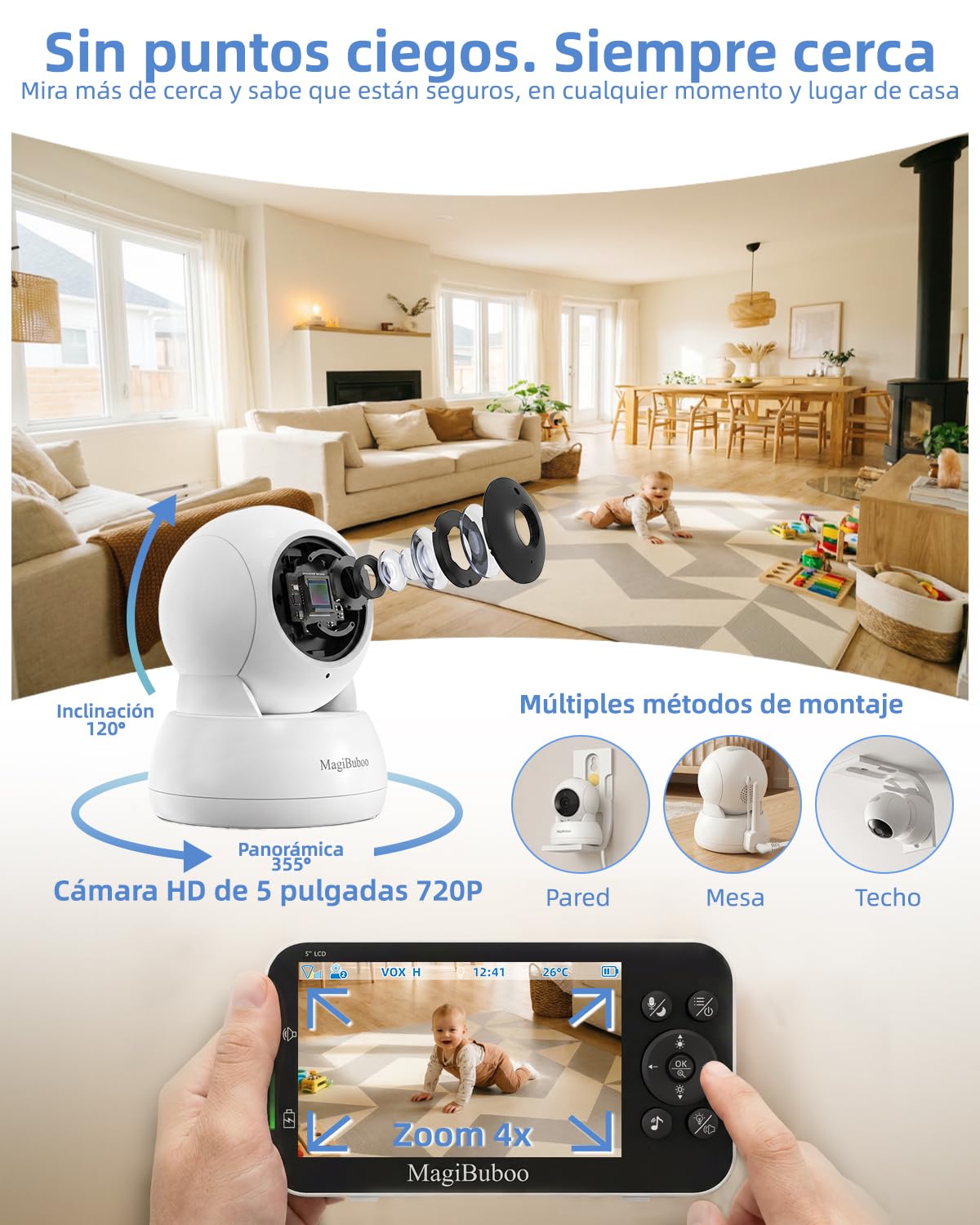 Vigilabebés con cámara sin wifi, monitor de bebé con visión nocturna por infrarrojos, con cámara, batería de 5200 mAh, batería de 5 pulgadas, 720p, pantalla IPS, vídeo vigilabebés de 2 vías, audio de