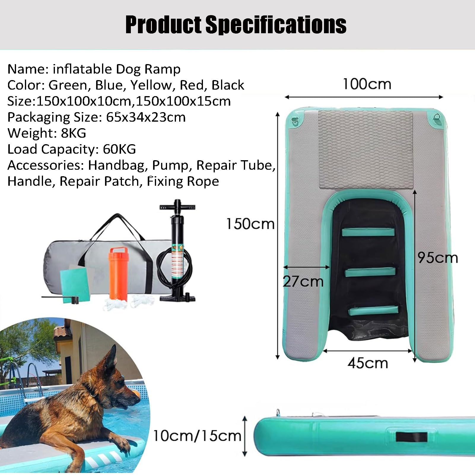 Plataforma de EVA para Perros - Rampa Flotante Inflable Antideslizante para Agua: Piscinas, Playas, Lagos y Pontones, para Perros de 60 kg, 150x100x10 cm