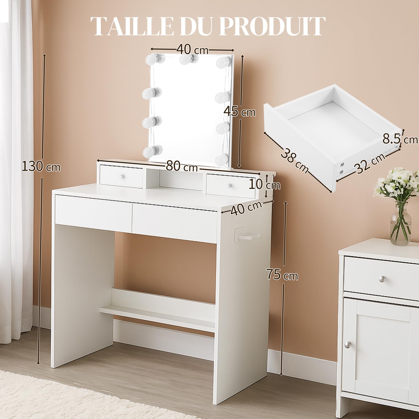 LEADZM Coiffeuse avec Miroir LED 3 Couleurs Réglables, 4 Tiroirs, 1 Porte-Sèche-Cheveux, 80x40x130 cm (Blanc)
