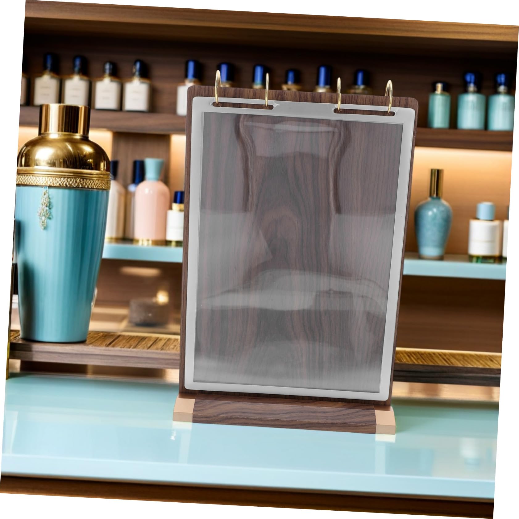 LABRIMP Soporte para Cartas de Menú de Madera de Nogal Exhibidor de Mesa con Páginas Doble Cara Soporte Giratorio para Restaurantes y Cafeterías Fácil Cambio Presentación Versátil para