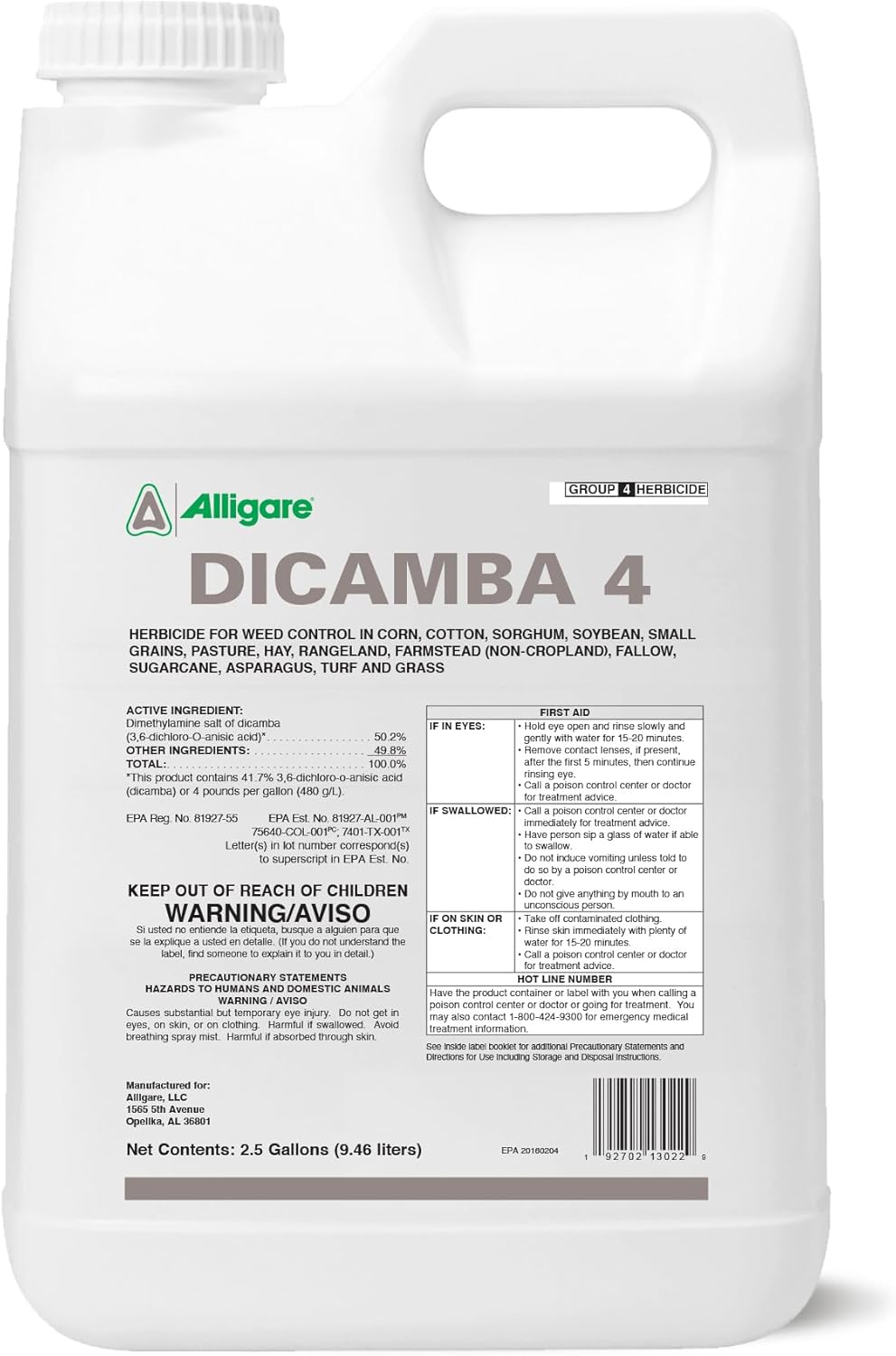 Alligare Dicamba 4 for Corn, Soybean, Cotton, Sugarcane, Turf & More - Powerful Weed Control - Water-Soluble Dicamba Herbicide, Effective on Broadleaf Weeds - Ground & Aerial Application - 2.5 Gallons