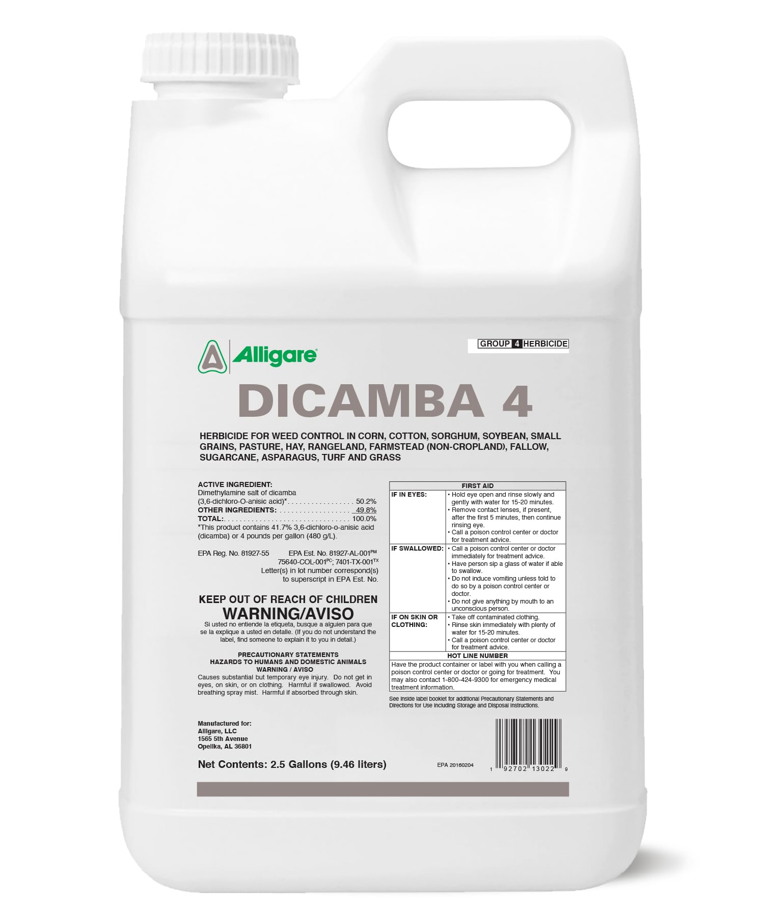 Alligare Dicamba 4 for Corn, Soybean, Cotton, Sugarcane, Turf & More - Powerful Weed Control - Water-Soluble Dicamba Herbicide, Effective on Broadleaf Weeds - Ground & Aerial Application - 2.5 Gallons