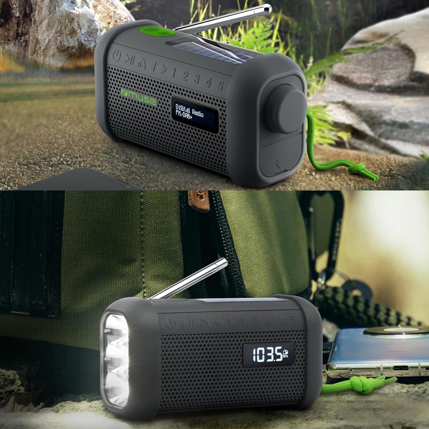 Bmi Radio Portable Bluetooth Muse MH08MB Charge Solaire, couplage TWS, Radio numérique, Microphone Mains Libres, IP64, Soucoupe OVNI