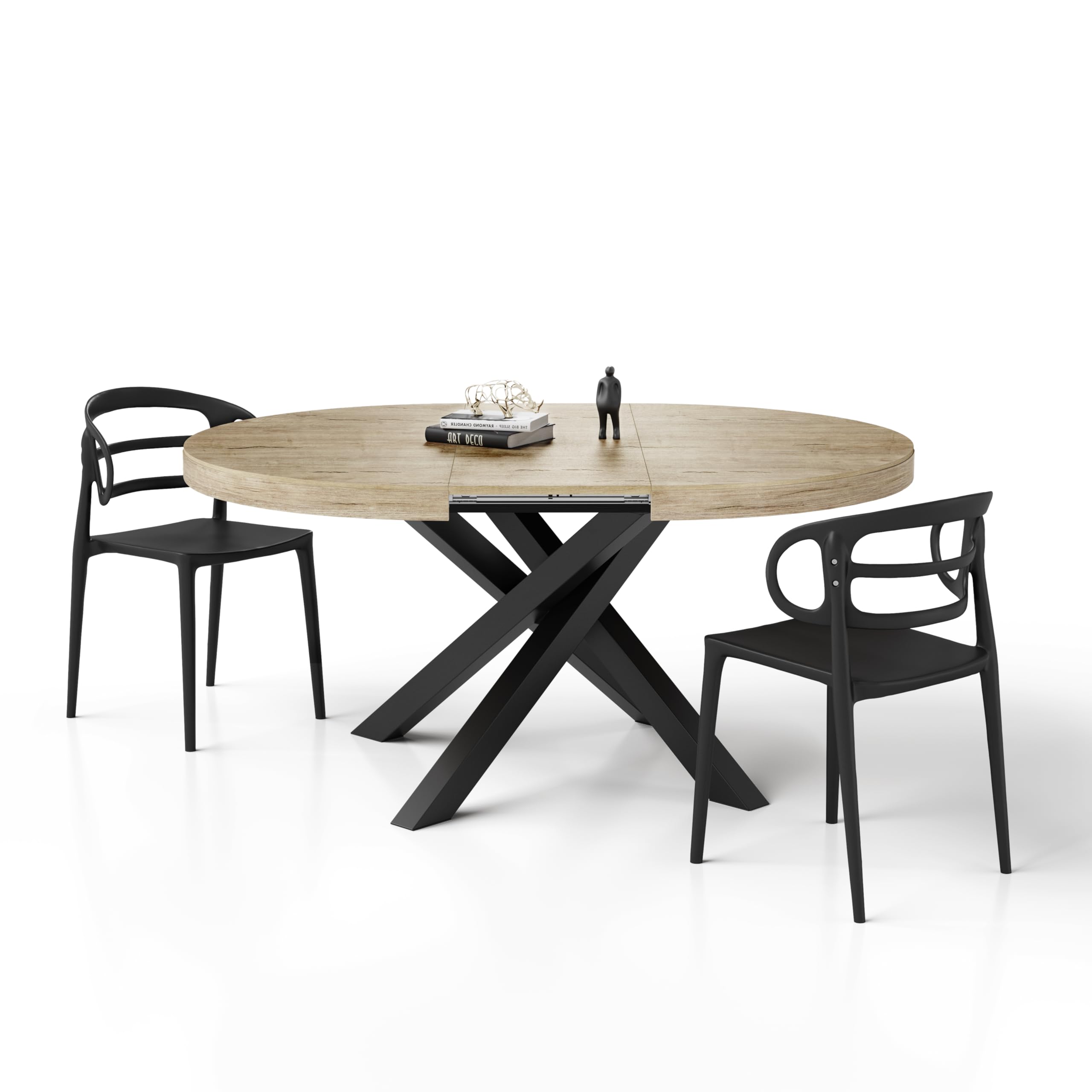 Mobili Fiver, Tavolo Allungabile Rotondo Emma, 120-​160 cm, Quercia con gambe Incrociate Nere, per 4-​6 persone, Tavolo Cucina, Soggiorno, Made in Italy