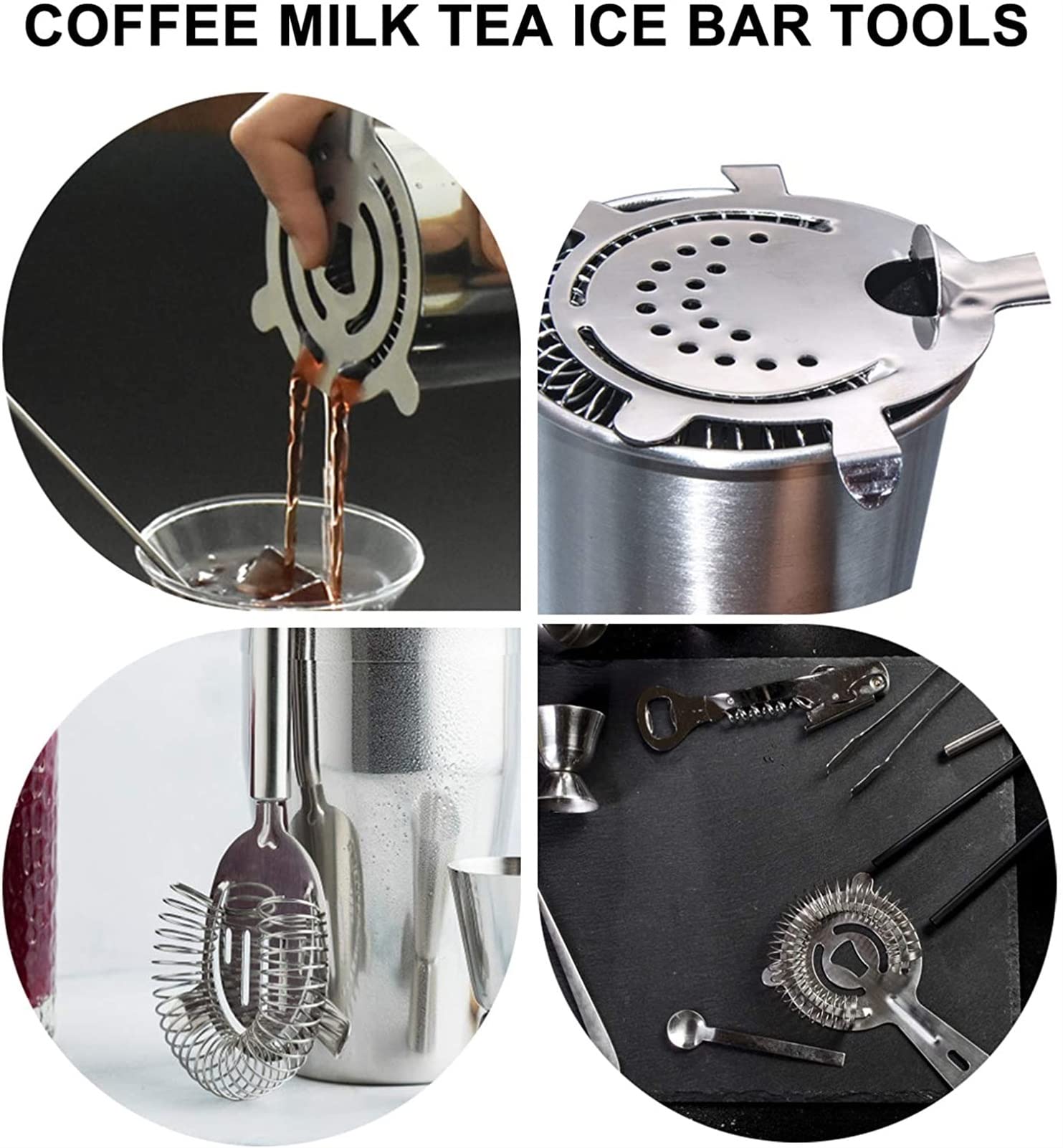 Buen ayudante en la cocina, tamices de colador, hermosos y prácticos, 2 coladores de cóctel, colador de acero inoxidable, kit de Mojito Muddler, juego de herramientas de barra de grado profe