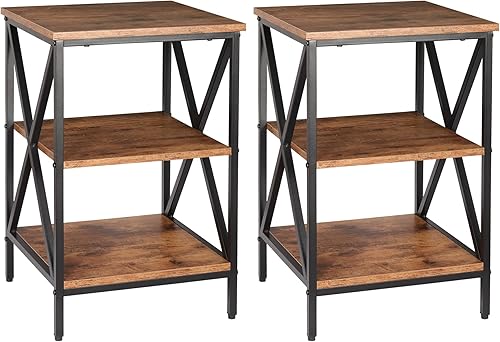 Miniatura 6 de SUPER DEAL Juego de 2 mesas auxiliares de 3 niveles con estantes de almacenamiento mesa de sofá pequeña de madera moderna para sala de estar