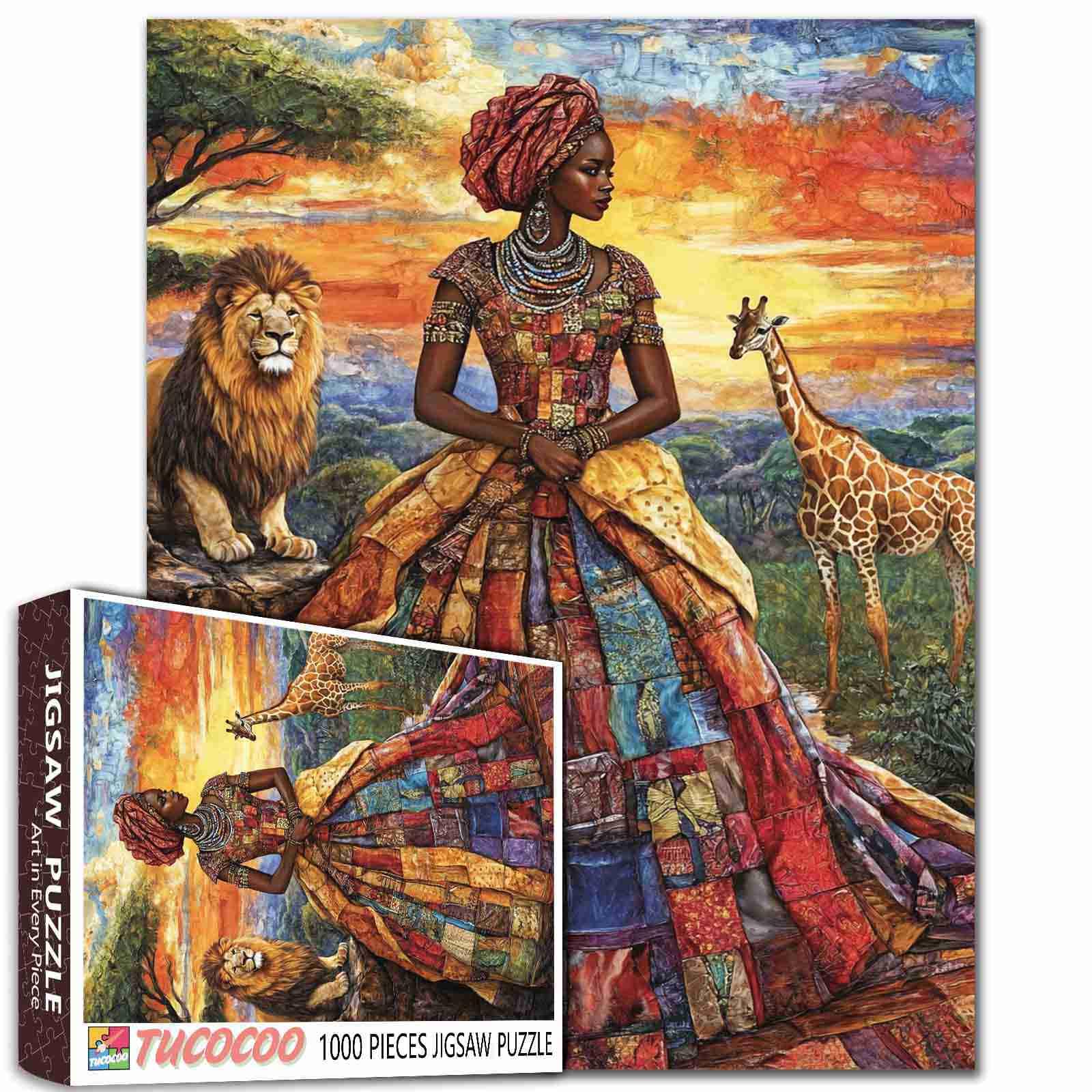 America Africa Black Girl Jigsaw Puzzles 1000 Pieces for Adults,Families (Queen,Princess,Wildlife,Lion,Giraffes,Savanna) Pieces Fit Together Perfectly 19.7''x27.6''inch Frameable Magic Puzzle Art